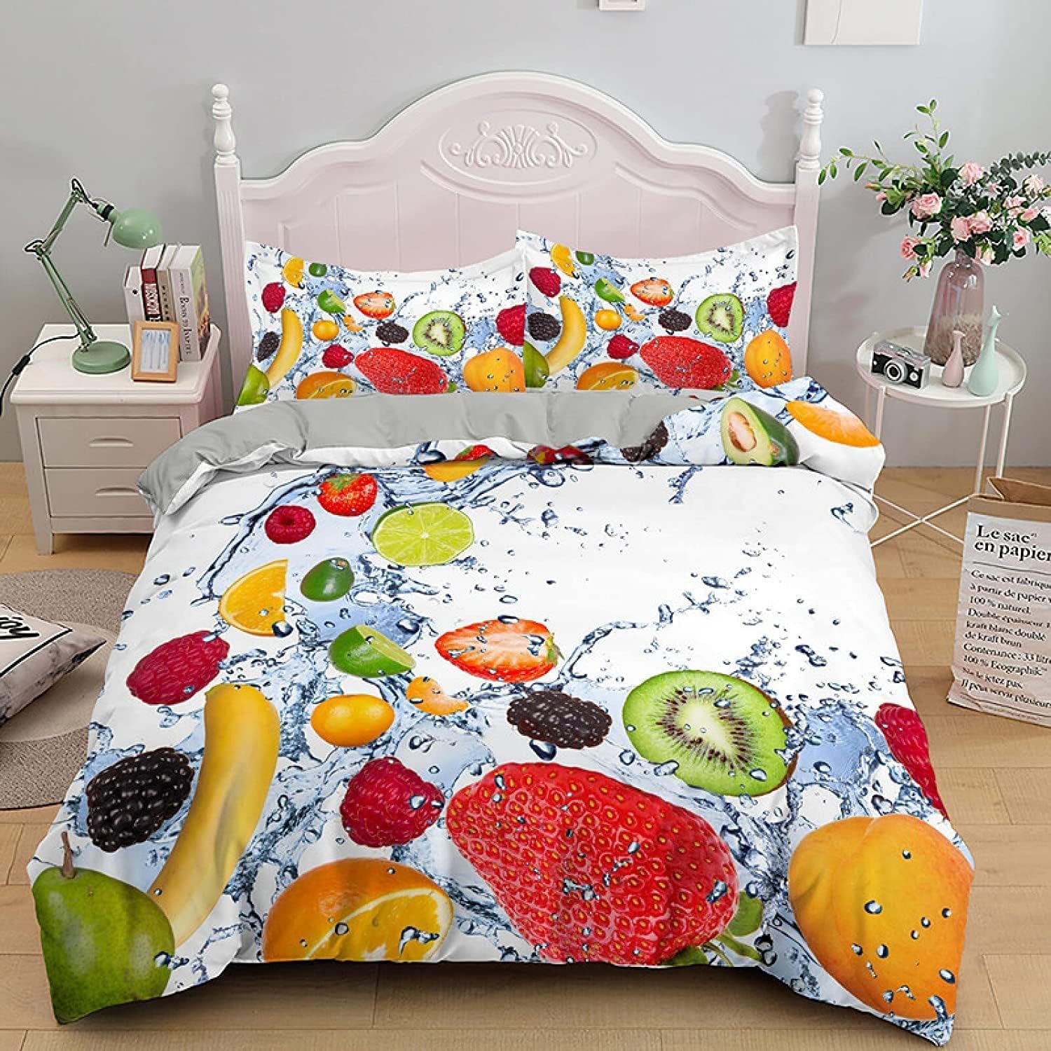 Pomarańczowa pościel 200 x 220 cm, komplet pościeli 3D, miękka poszewka na kołdrę z mikrofibry, dwustronna pościel na łóżko podwójne, truskawkowa, z 2 poszewkami na poduszkę m2513