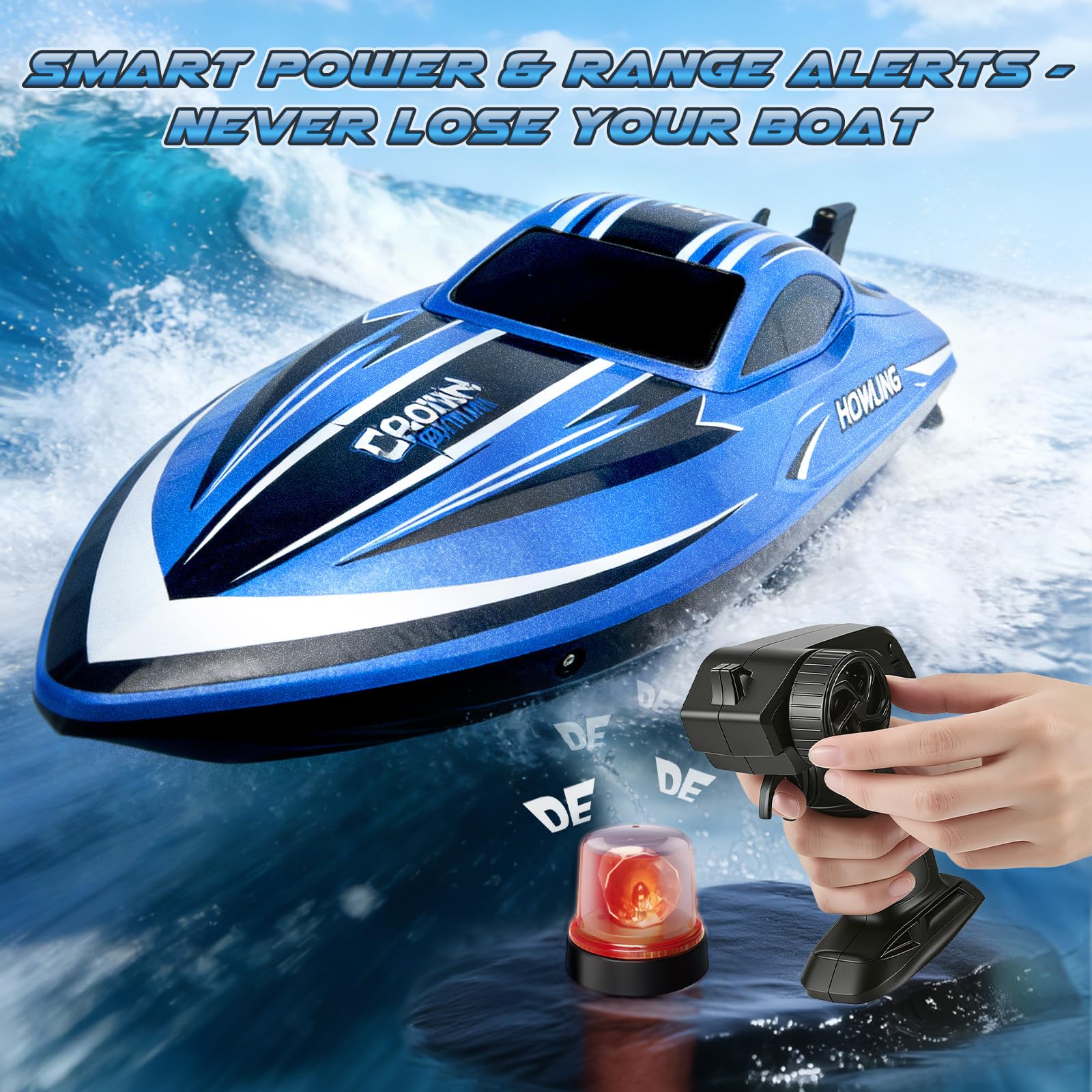 Ferngesteuertes Boot mit LED-Beleuchtung, 42CM RC-Boot, 35 km/h, Selbstaufrichtend, 2 Akkus, 2,4 GHz Fernsteuerung, Wasserdicht & Kentersicher, für Kinder Erwachsene, Pool See (blau)