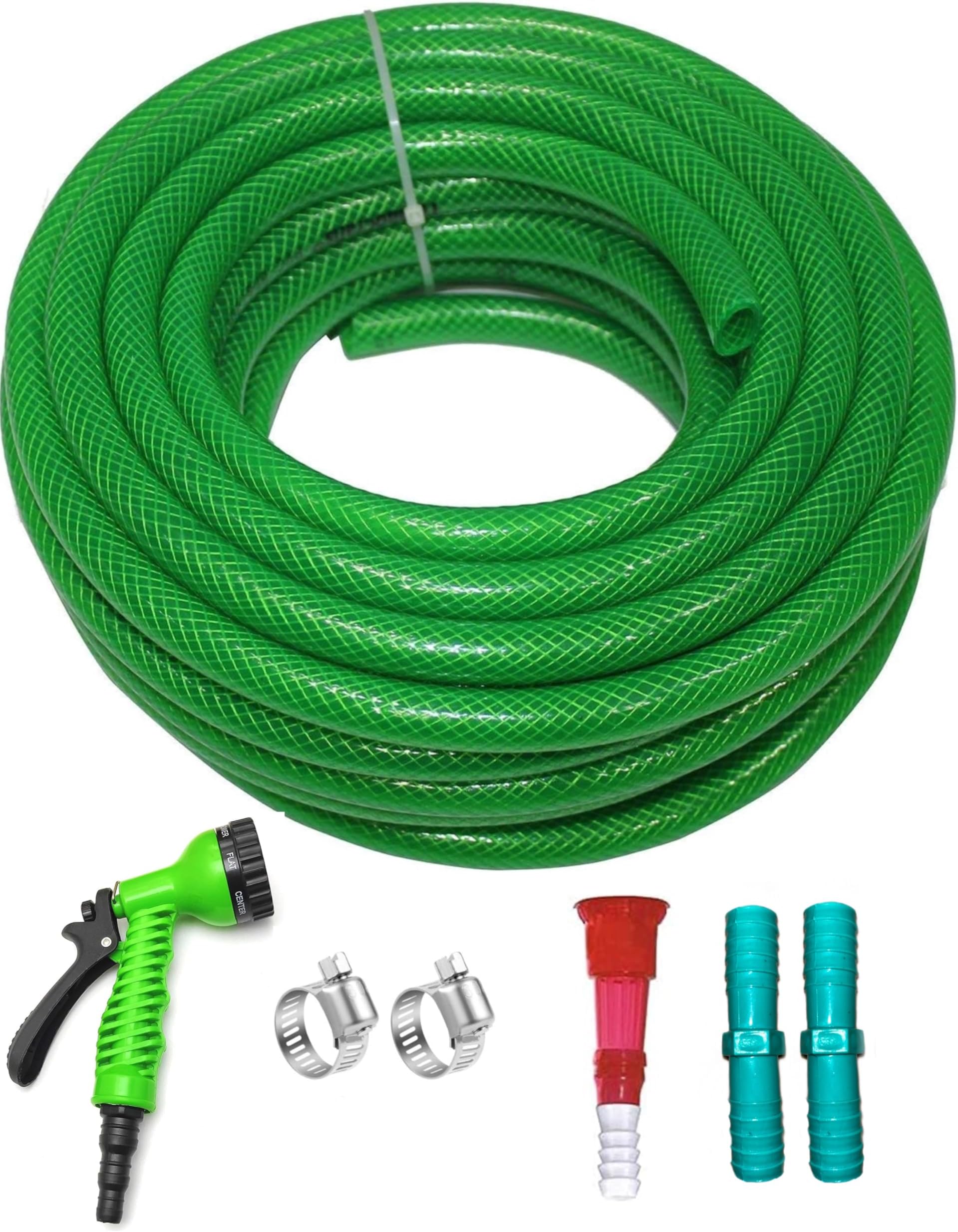 KAB FLEX 0.75 Inch Heavy Duty 3 Layered Braided Water Hose Pipe | Garden Outdoors Pipes with Hose Connector, 7 Pattern water spray Gun, 2 jointers & 2 SS Hose clamps [30 Meter]