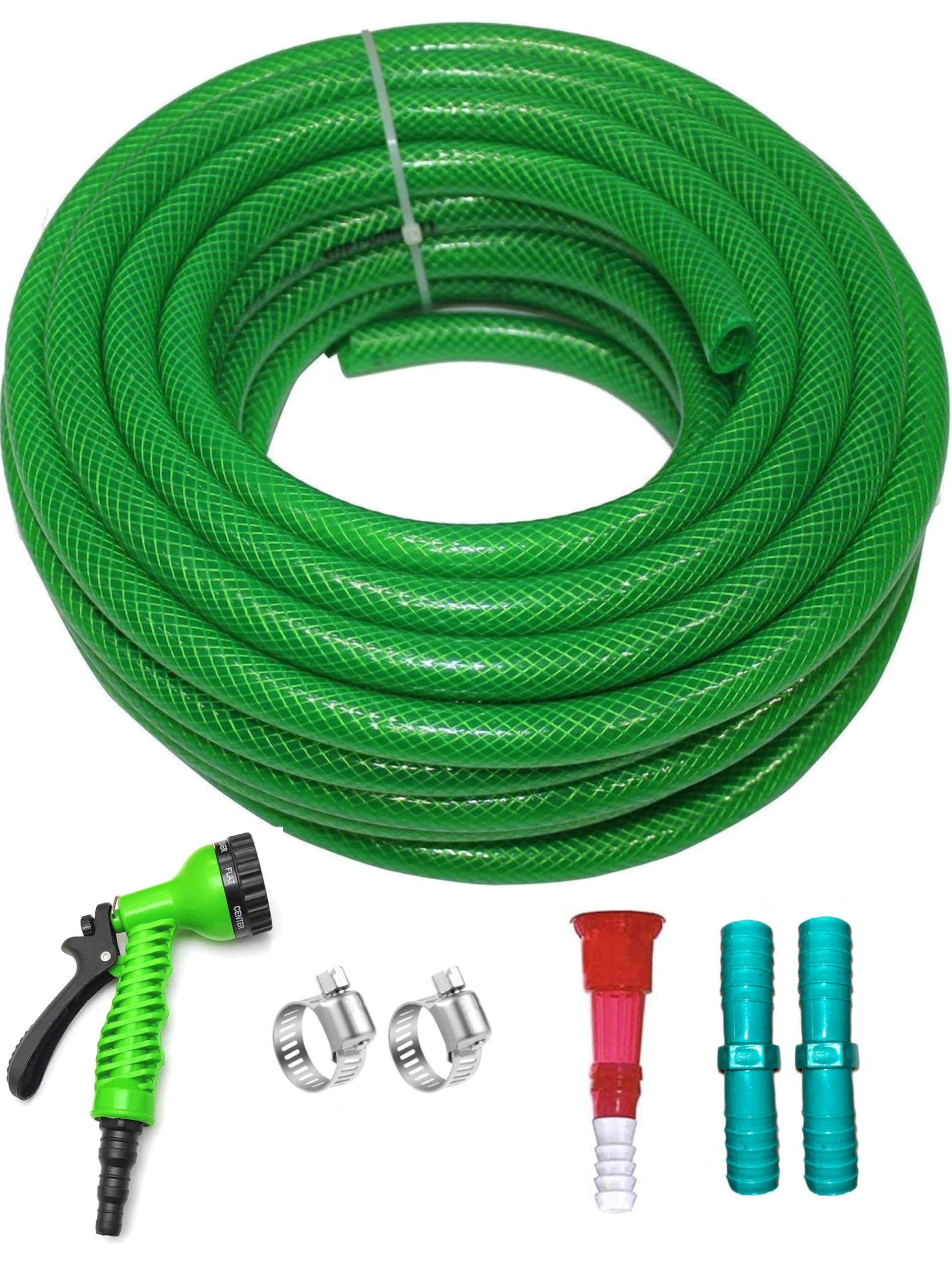 KAB FLEX 0.75 Inch Heavy Duty 3 Layered Braided Water Hose Pipe | Garden Outdoors Pipes with Hose Connector, 7 Pattern water spray Gun, 2 jointers & 2 SS Hose clamps [30 Meter]