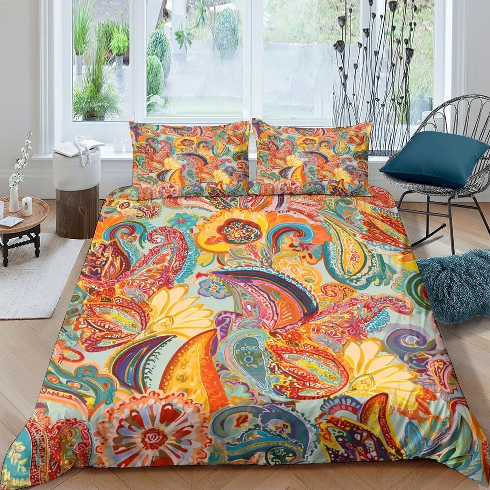 Ctjqhvkz Style-3 3D Printed Paisley Floral Fitted Sheet Microfiber Vibrant Orange Blue Mattress Cover For Bedroom Guest Room Decor Single（135X200cm）