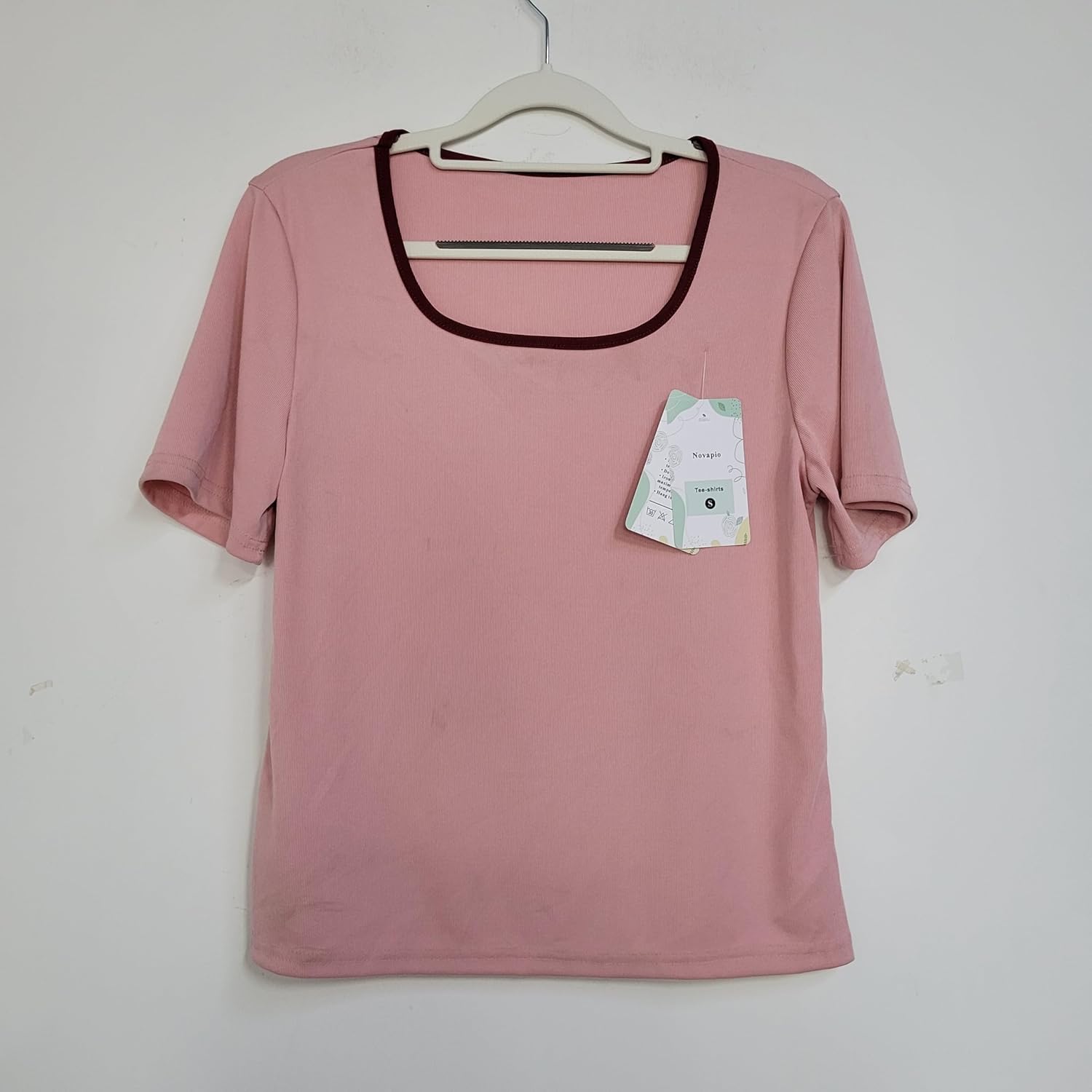 Novapio Tee-shirts, Women's Contrast Trim Square Neck T-Shirt, Soft Short Sleeve Casual Tee, Slim Fit T-Shirt for Daily Wear