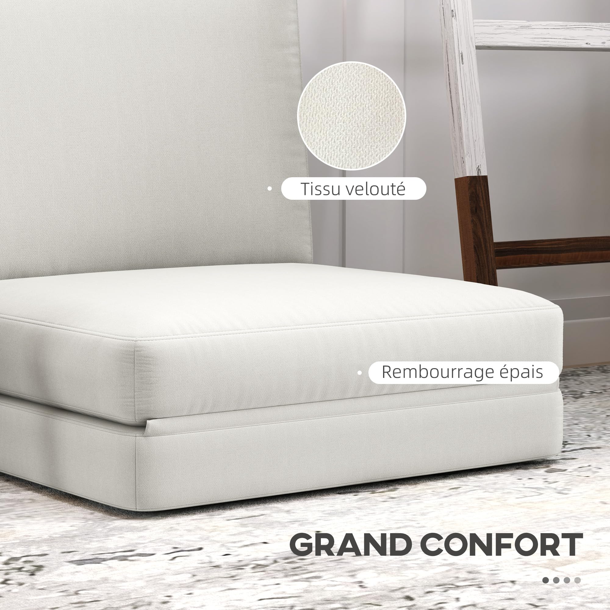 HOMCOM Canapé Convertible 1 Place Pliable Fauteuil Paresseux chauffeuse 1 Place canapé-lit en Velours pour invités, Salon, Charge 240 kg, 75 x 268 x 18 cm, crème