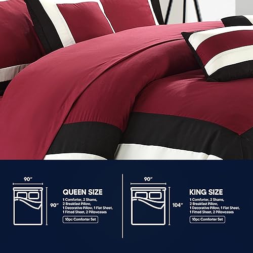 Miniatura 6 de Chic Home - Juego de edredón Duke tamaño King de 10 piezas, edredón con bloques de color, con 2 fundas, 3 almohadas y juego de cama King (rojo)