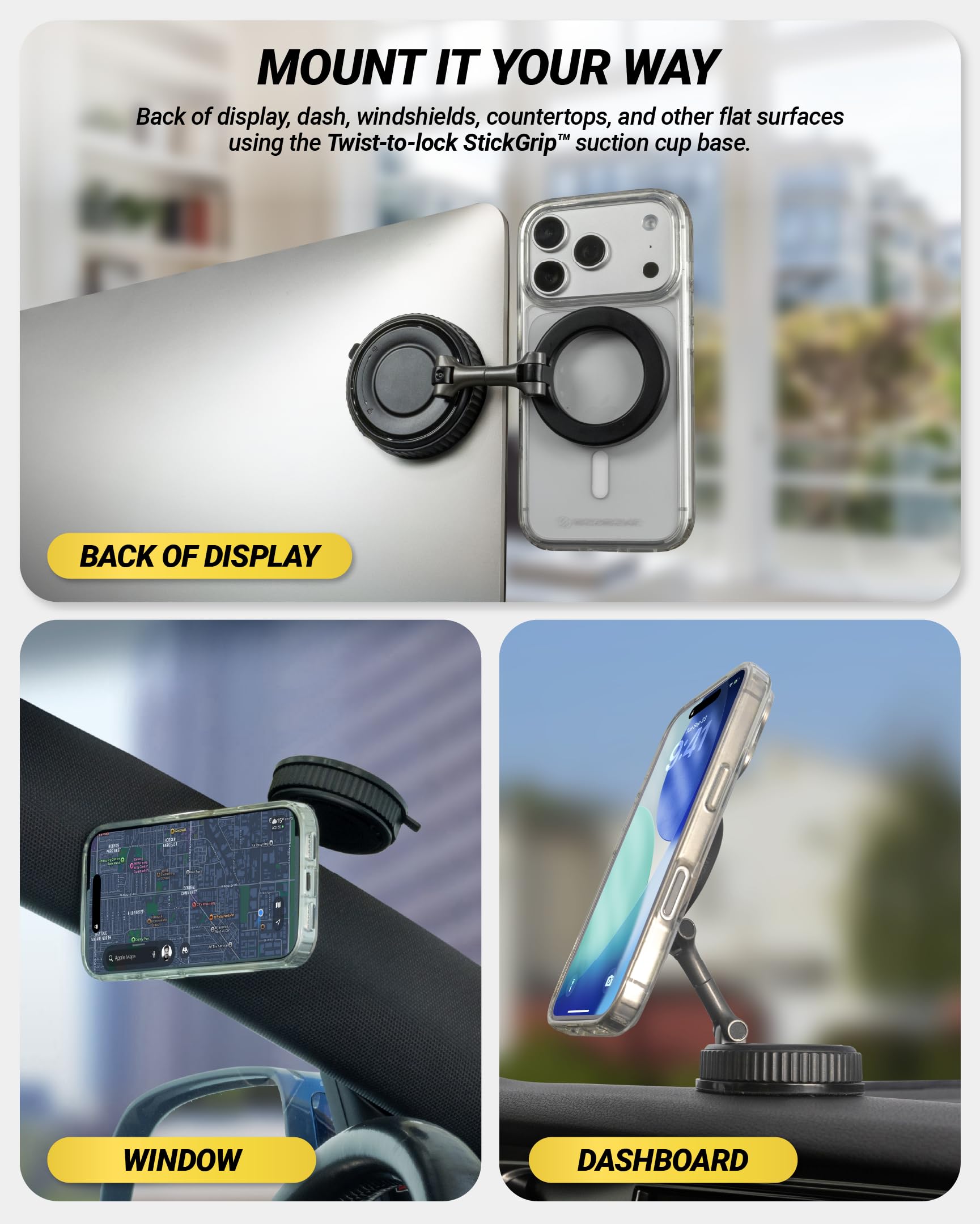 Scosche GoAnywhere MagSafe Car Mount with 360° Rotating Neck & Twist-to-Lock Suction Base, Magnetic Car Phone Holder for Dashboard, Windshield & Floating Car Screen, Compatible with PopSockets, iPhone view 3