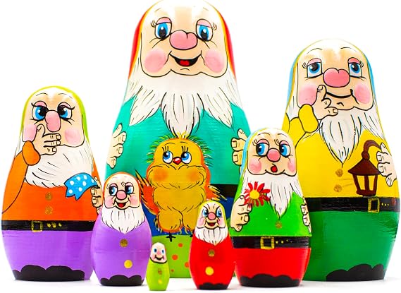 Matryoshka Russian Nesting Doll Babushka Beautiful Dwarf Seven Dwarfs Set 7 Pieces Pcs Hand Painted Handmade Souvenir Gift Handicraft
