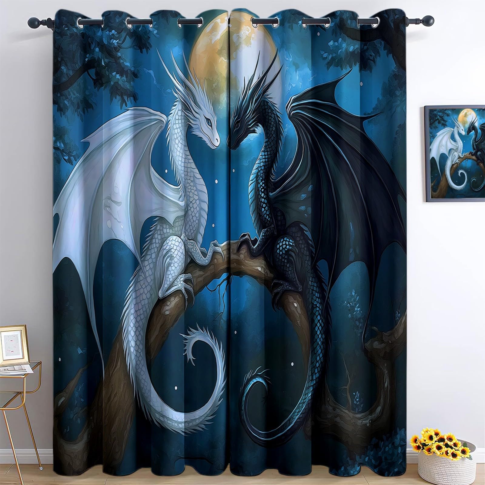 214 x 91.5 cm Vorhang Blickdicht 2er Set Himmelblau, Fantasy-Spiel Drache Gardinen Ösen Abdunkelnde Vorhänge Wohnzimmer Schlafzimmer, Fenster Gardine Verdunkelung Thermovorhang Hitzeschutz