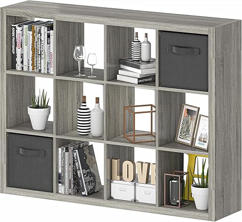 Miniatura 28 de Estantería con contenedores de almacenamiento, organizador de almacenamiento de 9 cubos, estantería de madera resistente, estante abierto para Roble