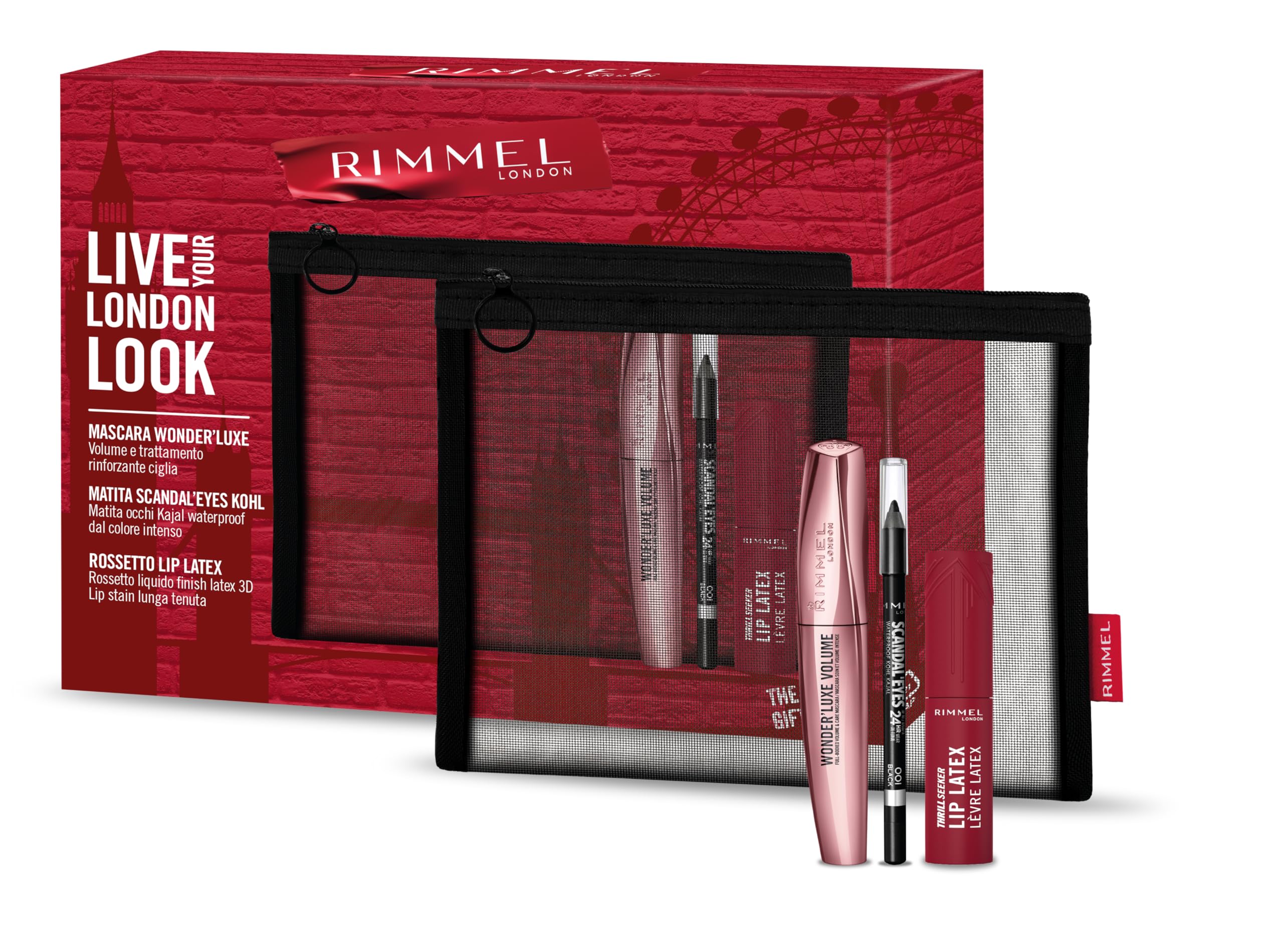 Rimmel London Cofanetto Regalo Live Your London Look, Pochette con Mascara Wonder'Luxe Volume, Matita Occhi Scandal'Eyes Kohl Black Waterproof e Rossetto Liquido Thrill Seeker Lip Latex