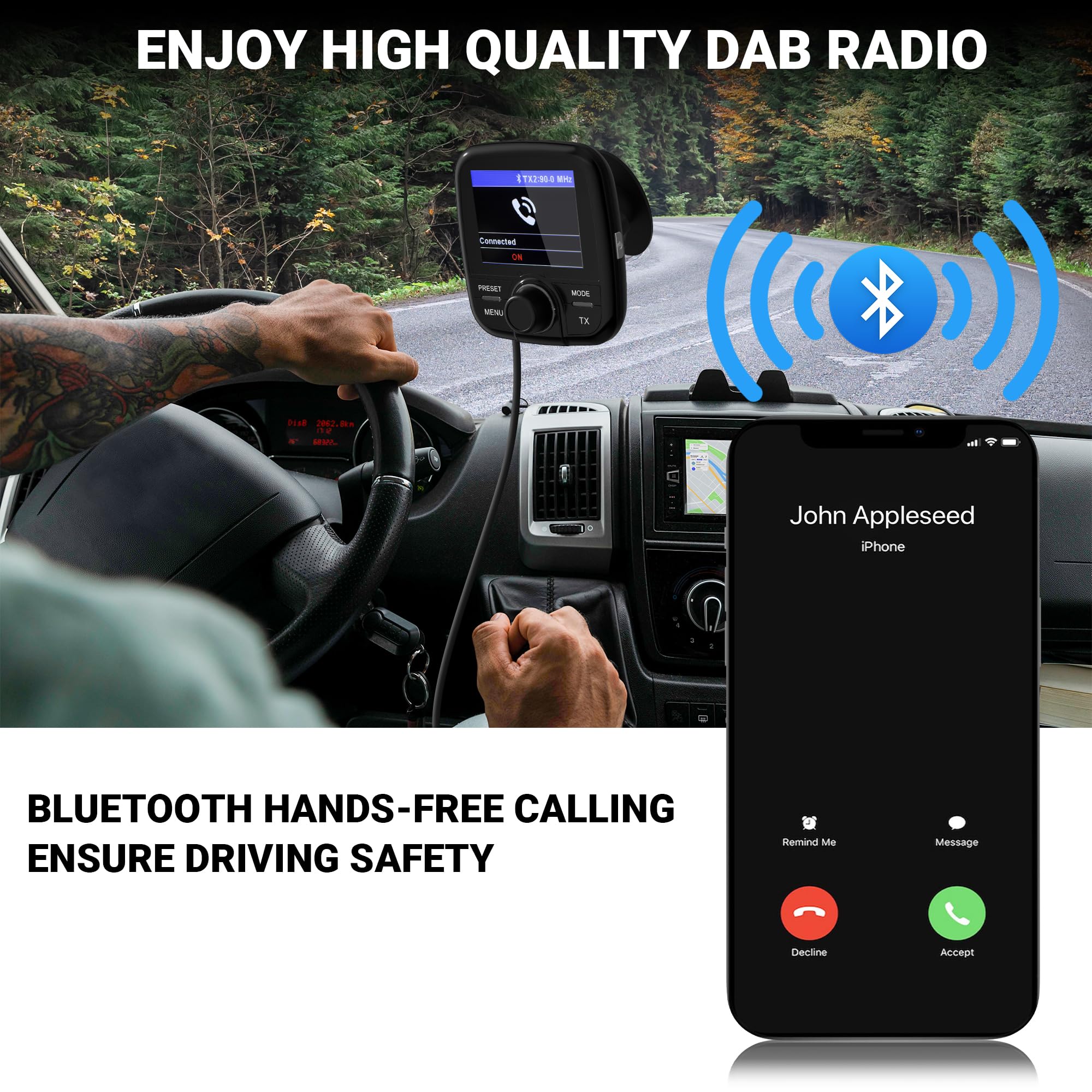 Tin-Nik DAB-389N DAB Adapter für Autoradio, FM-Transmitter für DAB+ Sender und Bluetooth-Verbindung vom Smartphone zum UKW-Radio, Bluetooth- Freisprechen und Musik