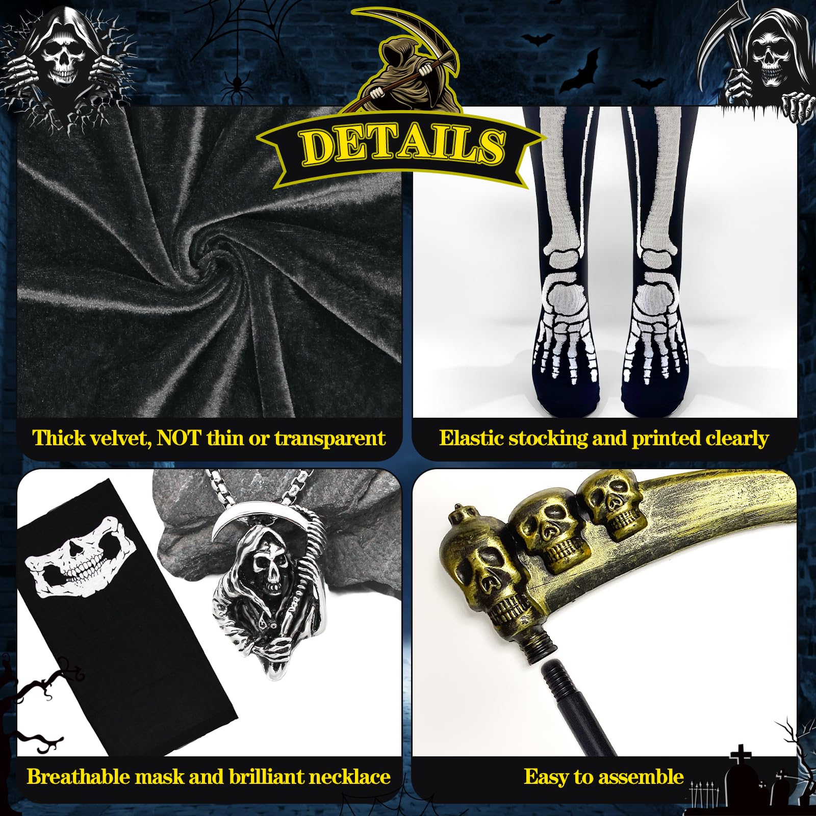Creerluces Halloween Grim Reaper Costume for Men and Kids Black Cloak Skeleton Gloves and Stockings - Image 4
