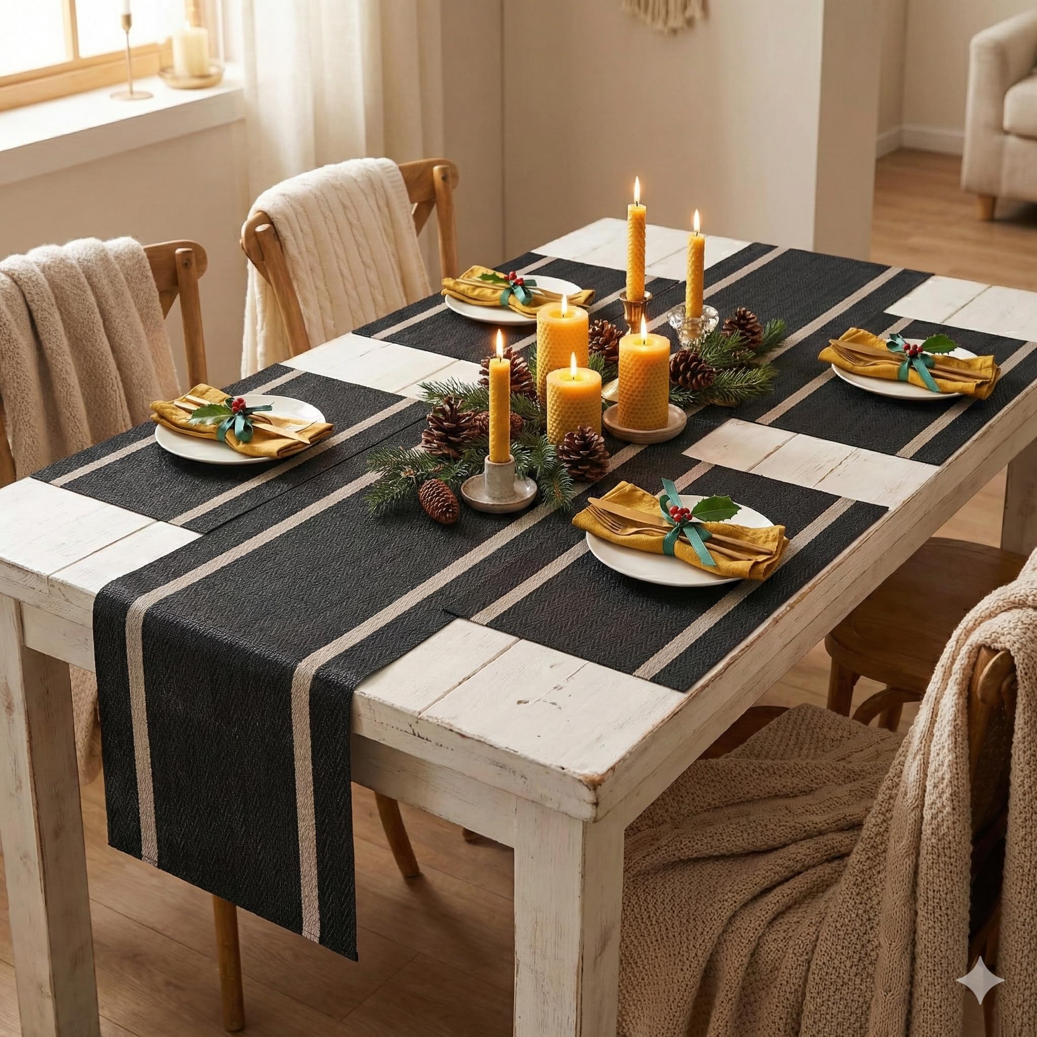 YELONA Dining Table Placemats and Runner Set - Heat Resistant, Washable, Stain Resistant Mats - Woven Vinyl Plastic - Easy to Clean-(45x30 cm 4 Placemats, 135x30 cm 1 Runner)-Ideal for Stylish Dining