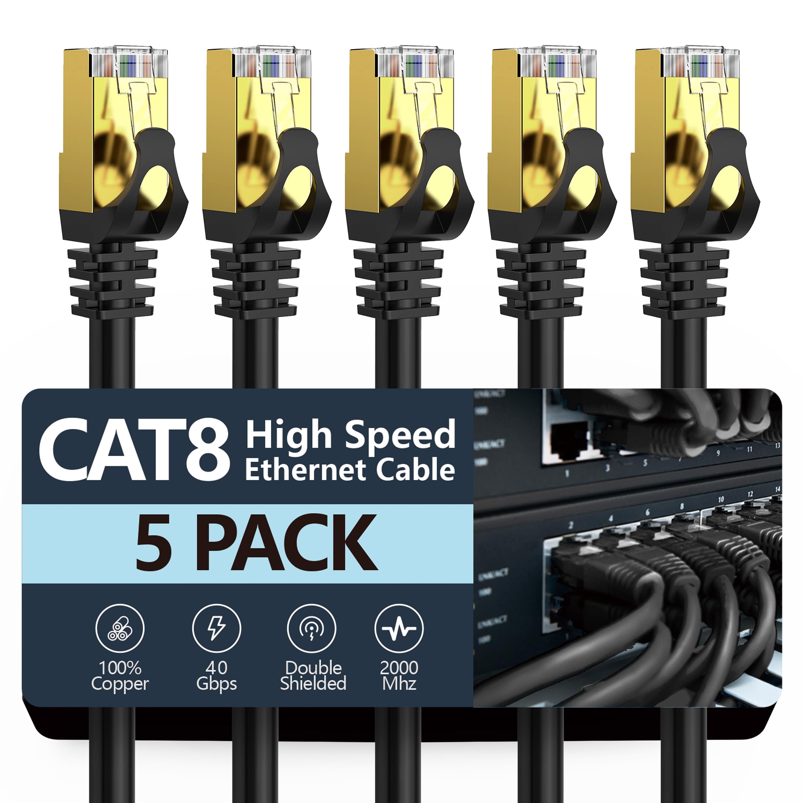 Cavo Ethernet Cat 8 da 1,8 m, confezione da 5 pezzi, 40 Gbps 2000 Mhz, cavo di rete ad alta velocità per interni ed esterni, cavo di rete SFTP schermato diretto resistente da 26 AWG, cavo Lan SFTP