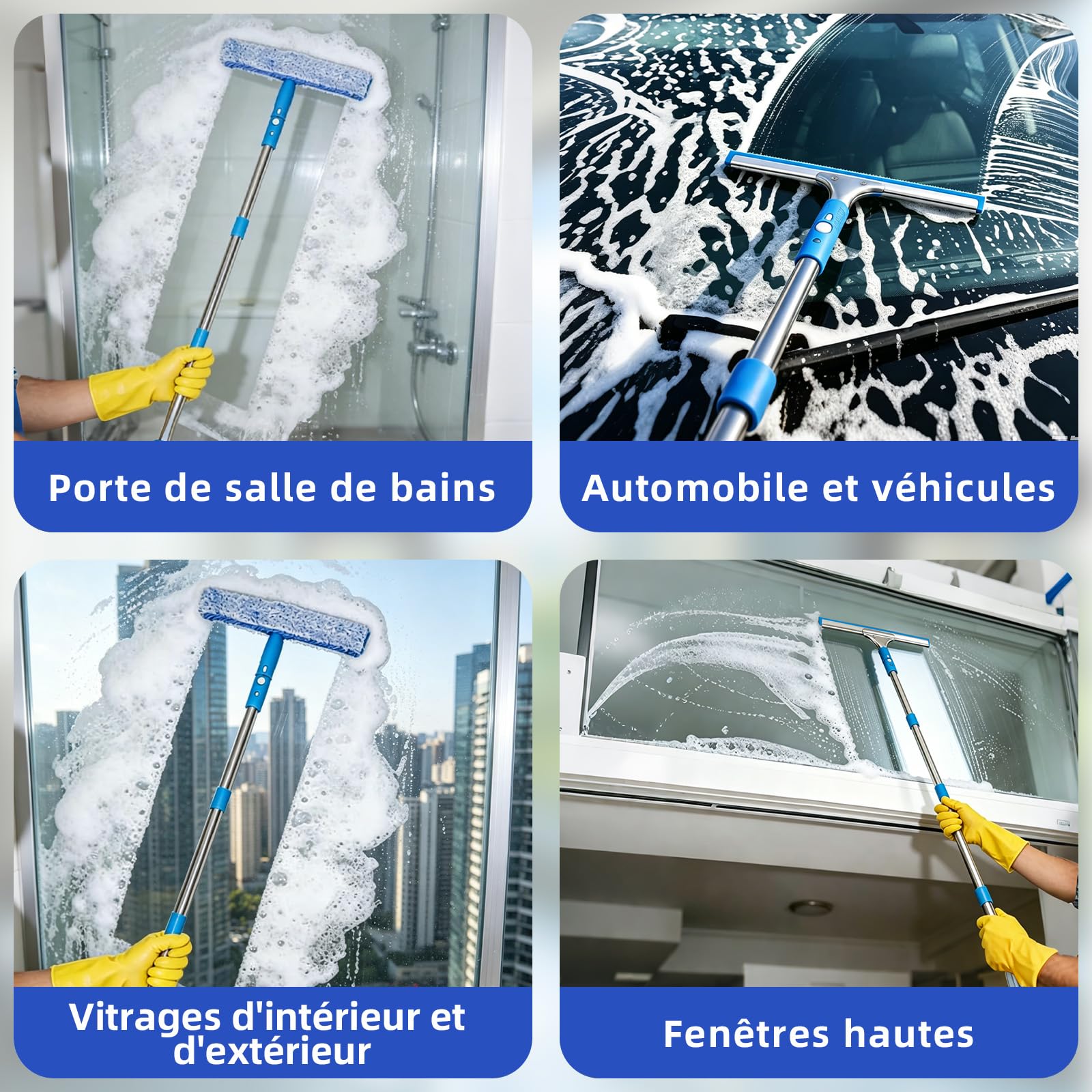 Kit de Nettoyage de Vitres, Inclure Seau 12L, Raclette Silicone, Brosse Microfibre, 200cm Télescopique Manche, Vaporisateur, Chiffon, pour Salle de Bain, Douche, Voiture, Miroir, Fenêtre