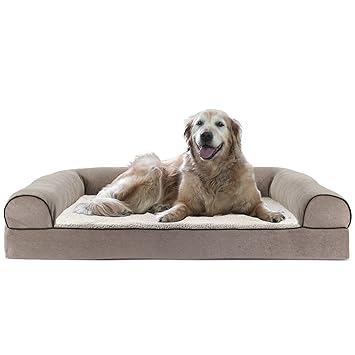 Furhaven Pet Faux Fleece & Chenille Soft Woven Cooling Gel Top Sofa Pet Bed, Jumbo, Cream