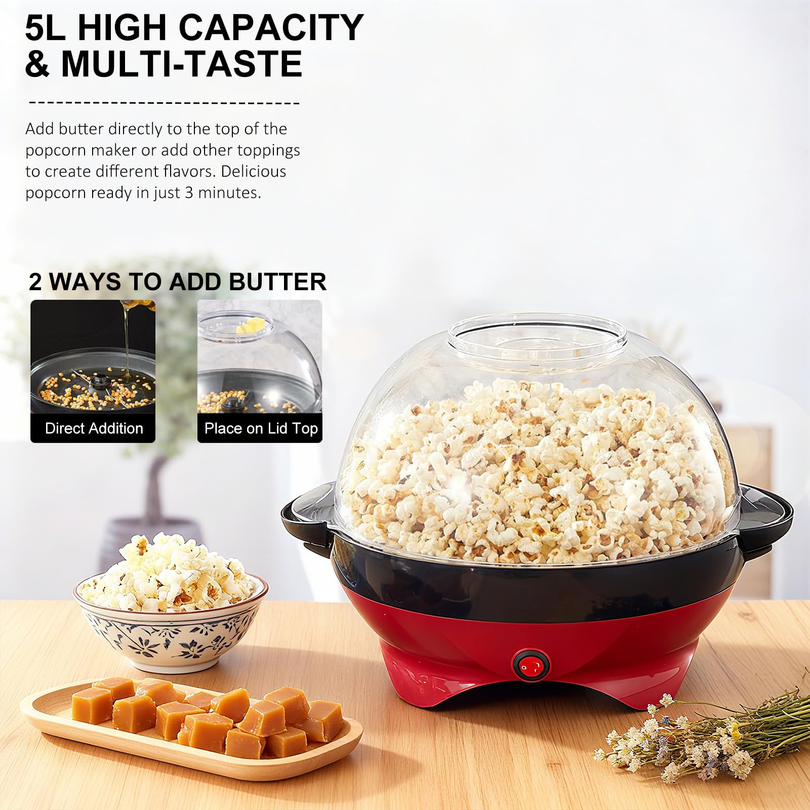 Cozary Machine a Pop Corn, Machine à Pop Corn 5L Grande pour la Maison, avec Revêtement Antiadhésif et Surface de Chauffe Amovible, Machine Pop Corn Silencieuse et Rapide Pour Sucre et Huile