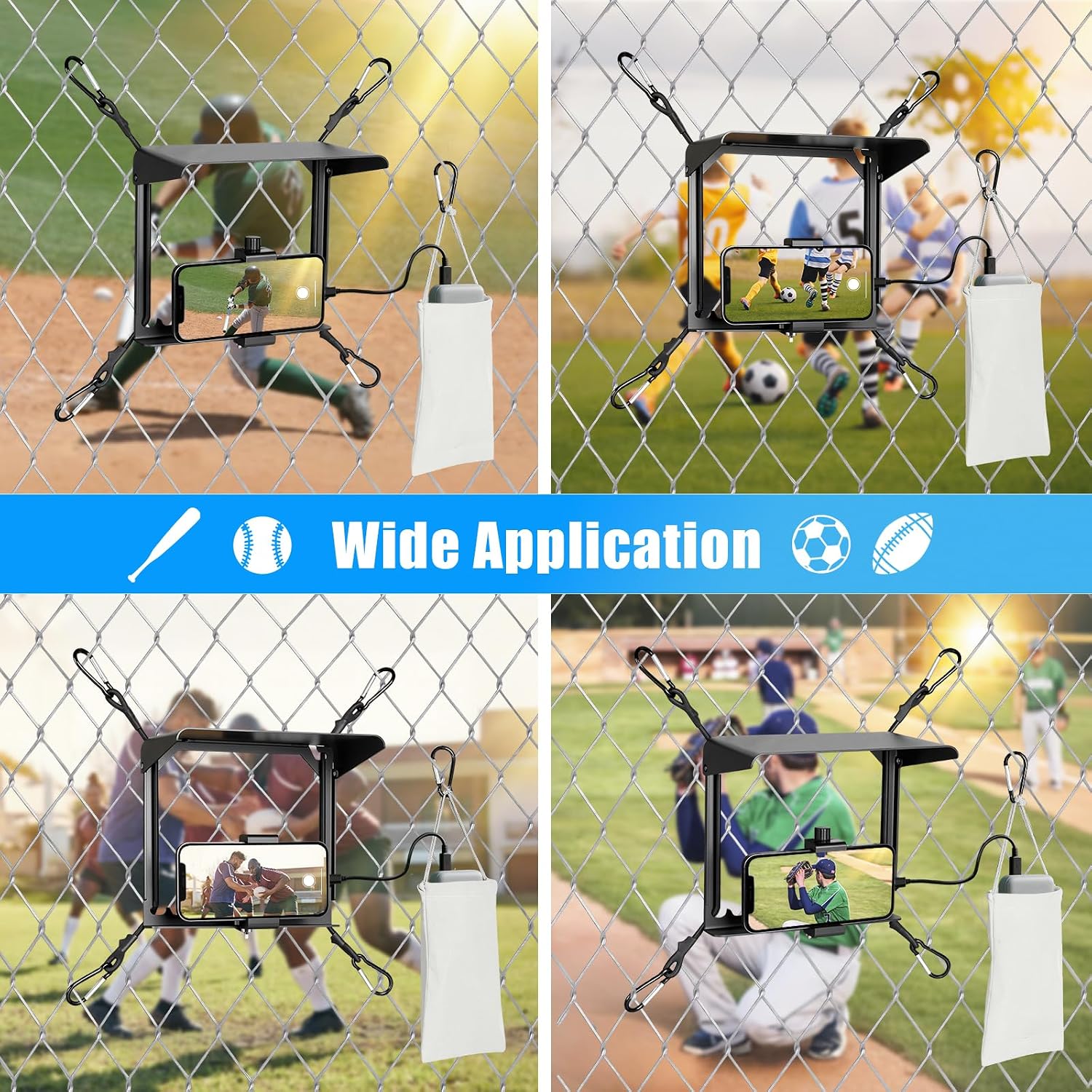 Phone Fence Mount with Shade, Game Changer Mounting Kit for iPhone, Mevo Start, Gopro and Other Action Cameras Game Recording Kit for Baseball, Football, Softball, Hockey and Tennis Games