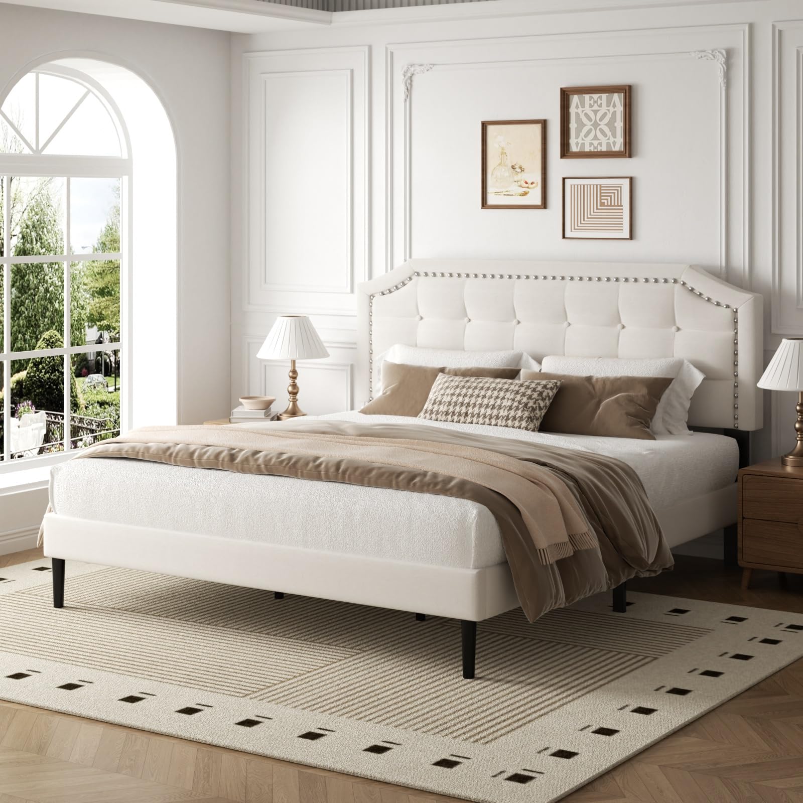 King Size Bed Frame King Size Platform Bed Frame with Upholstered Button Tufted Headboard Strong Wood Slats No