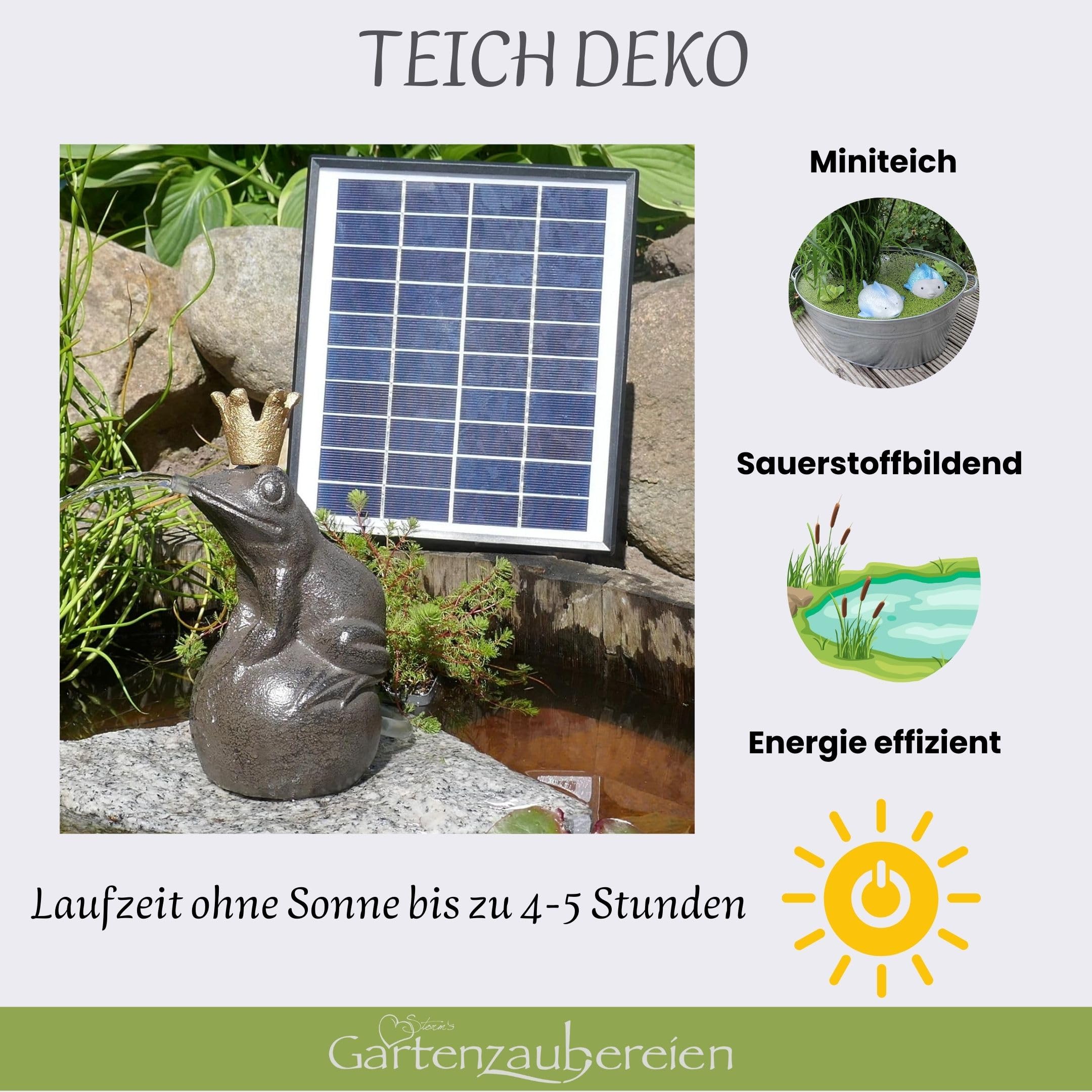 Storm's Gartenzaubereien Wasserspeier Frosch aus Gusseisen mit Akku Solarpumpe 16cm Laufzeit ohne Sonne 4-5 Stunden