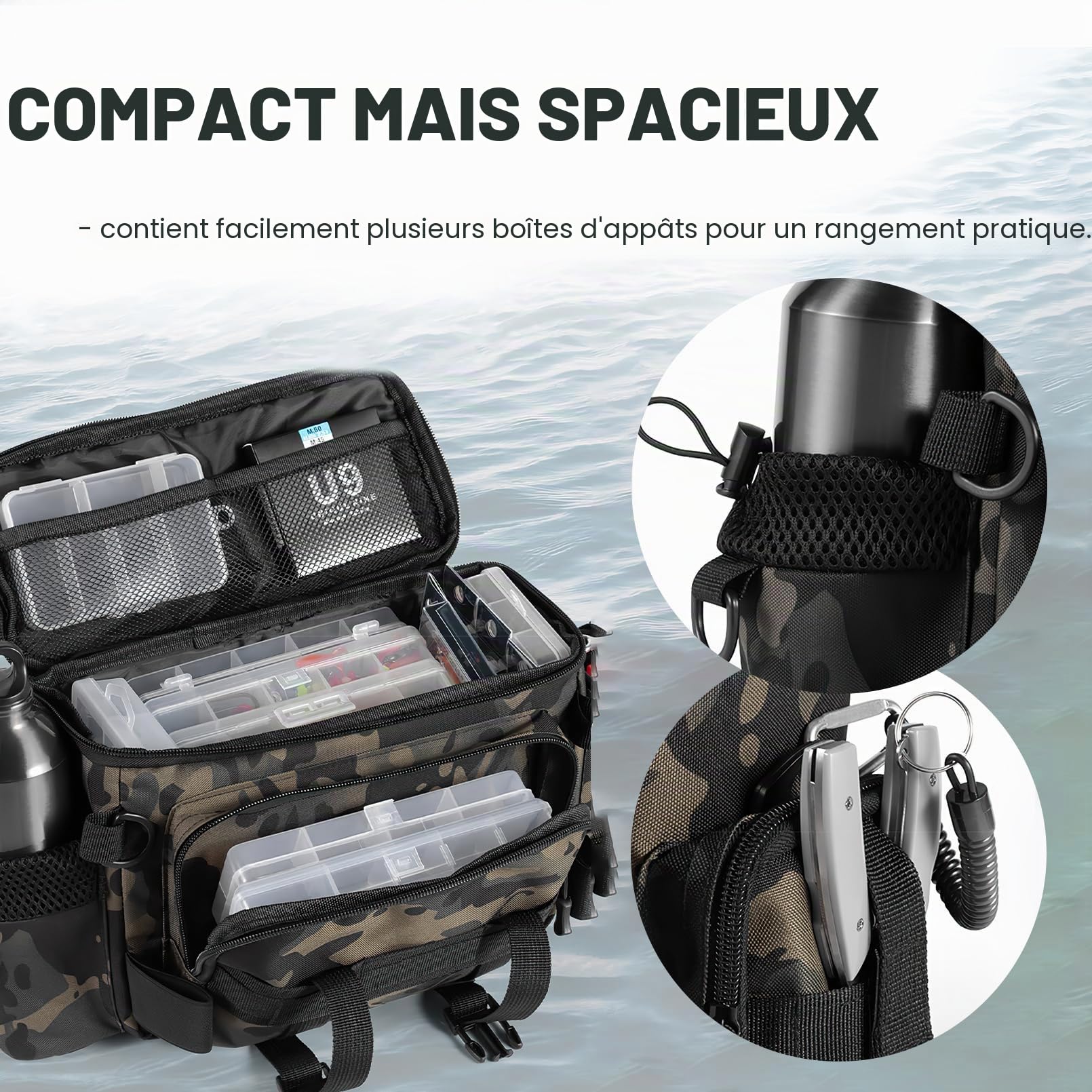 Croch Sac de pêche - Sac de pêche étanche avec bandoulière - Sac de rangement multifonction pour matériel de pêche en plein air et accessoires, multicolore, gris camouflage