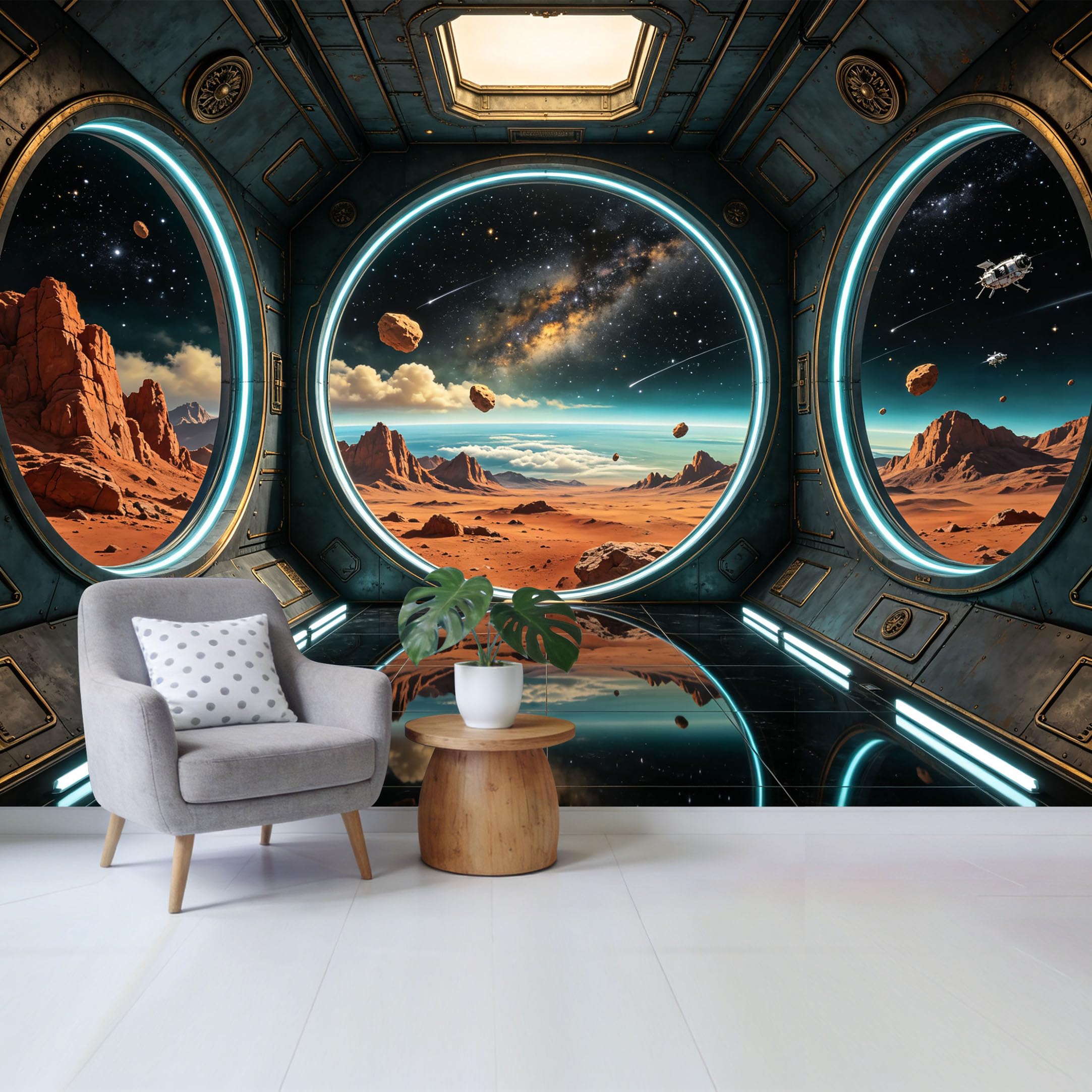 Custom Size Wall Mural SciFi Space Station Window Martian Planet Landscape 3D Modern Removable Self Adhesive Fabric，Home Wall Decor for Living Room Bedroom Bathroom