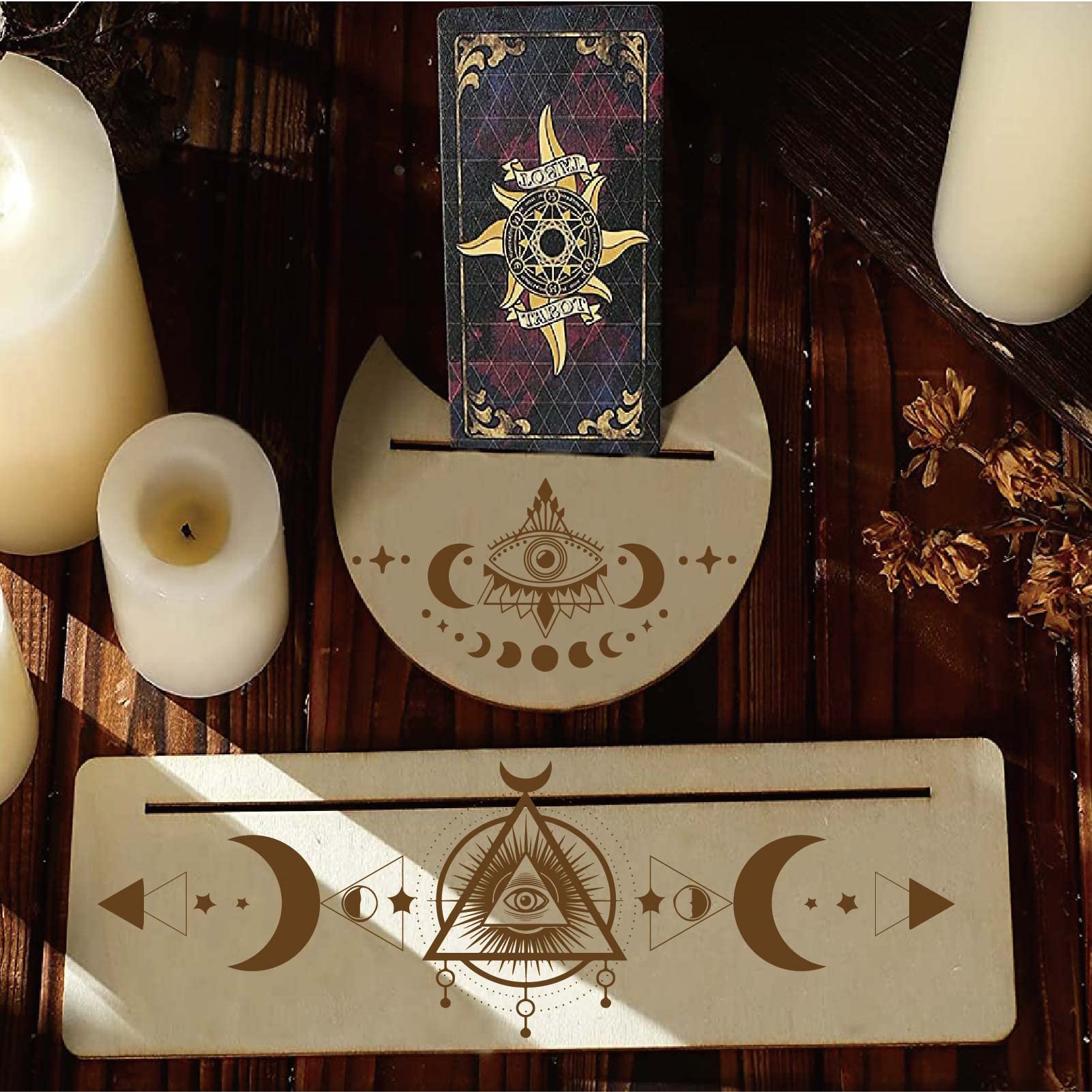 Holz Tarotkartenständer Set – 2 Teile Mondform & Rechteckig Für Altar, Meditation & Deko