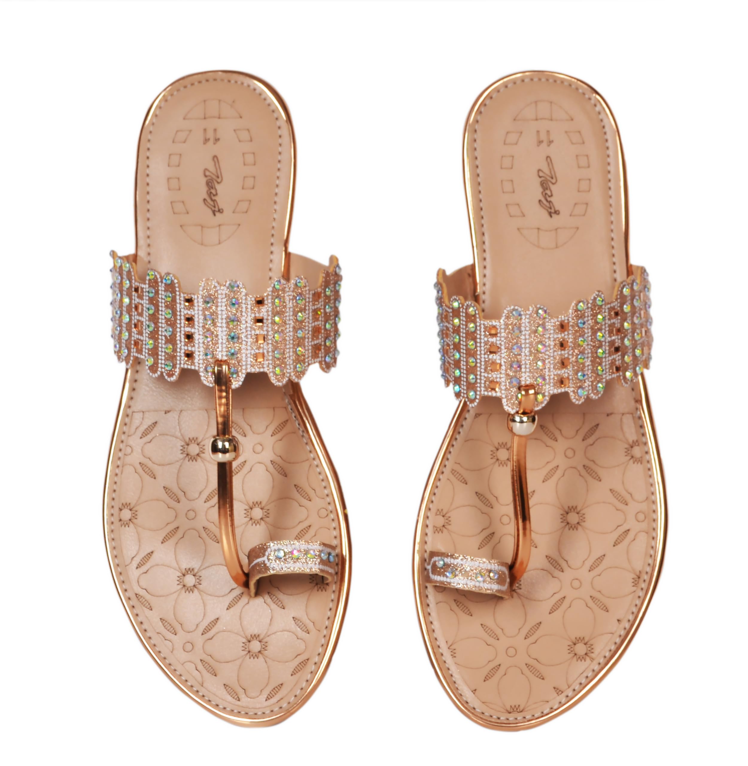 Taj Ladies Embellished Toe Ring Sandals for Women, Rose Gold with Rhinestone Detail, Stylish Flat Footwear-image-45