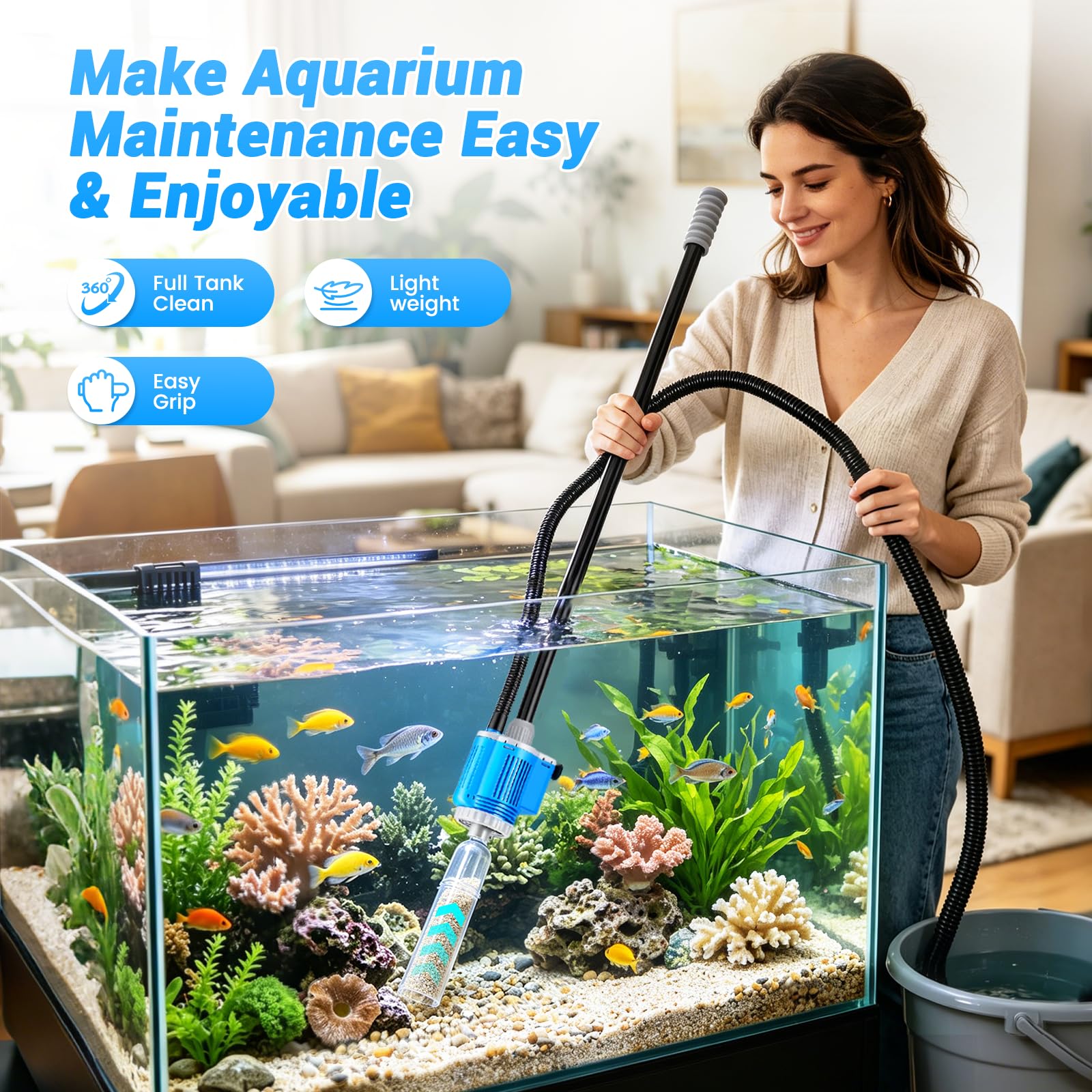 Nettoyeur Électrique pour Aquarium, Aspirateur de Gravier pour Aquarium 6 en 1 28W Nettoyage Changeur D'eau Automatique, pour Changement D'eau, Nettoyage du Sable, Élimination de la Saleté, Filtrage