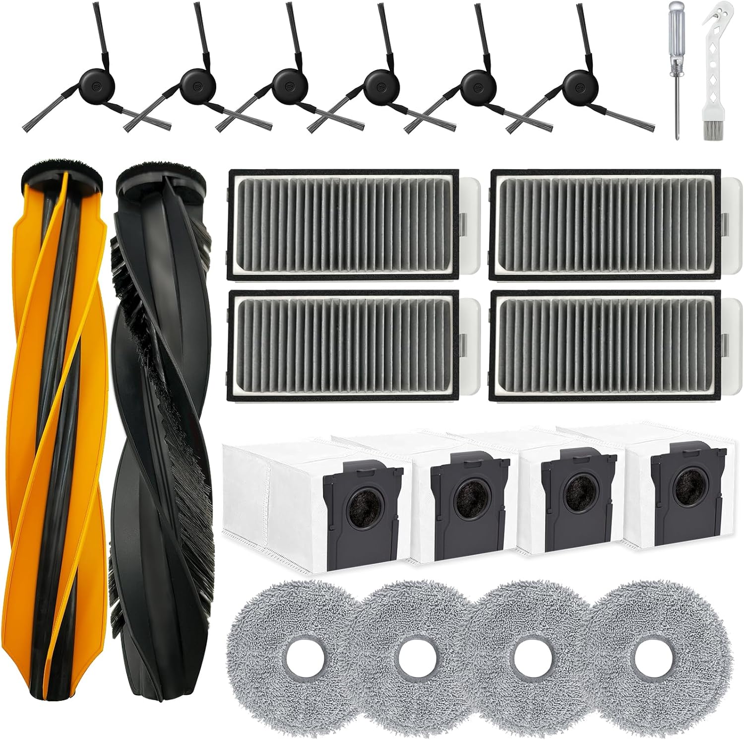 Accessories Kit for Dreame X50 Ultra Vacuum Cleaner, 1Set Main Brushes, 4 HEPA Filters, 4 Mop Pads, 6 Vacuum Bags, 6 Side Brushes, 1 Cleaning Brush, 1 Screwdriver, 24 Pack Replacement Parts