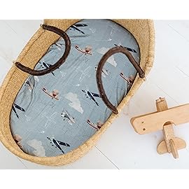 Baby Bassinet Sheets for Boy, Girl (Airplanes & Clouds) 2-Pack - Fitted Bedside Bassinet Sheets - Buttery Soft Cotton Blend for Standard Mattress Pad