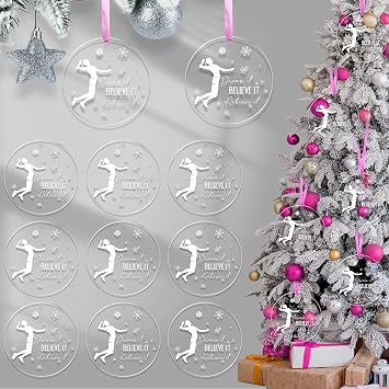18 PCS Christmas Volleyball Ornament Round Acrylic Volleyball Player Ornament Christmas Tree Volleyball Hanging Decoration Believe It Dream It Achieve It Xmas Inspirational Gift Volleyball Style