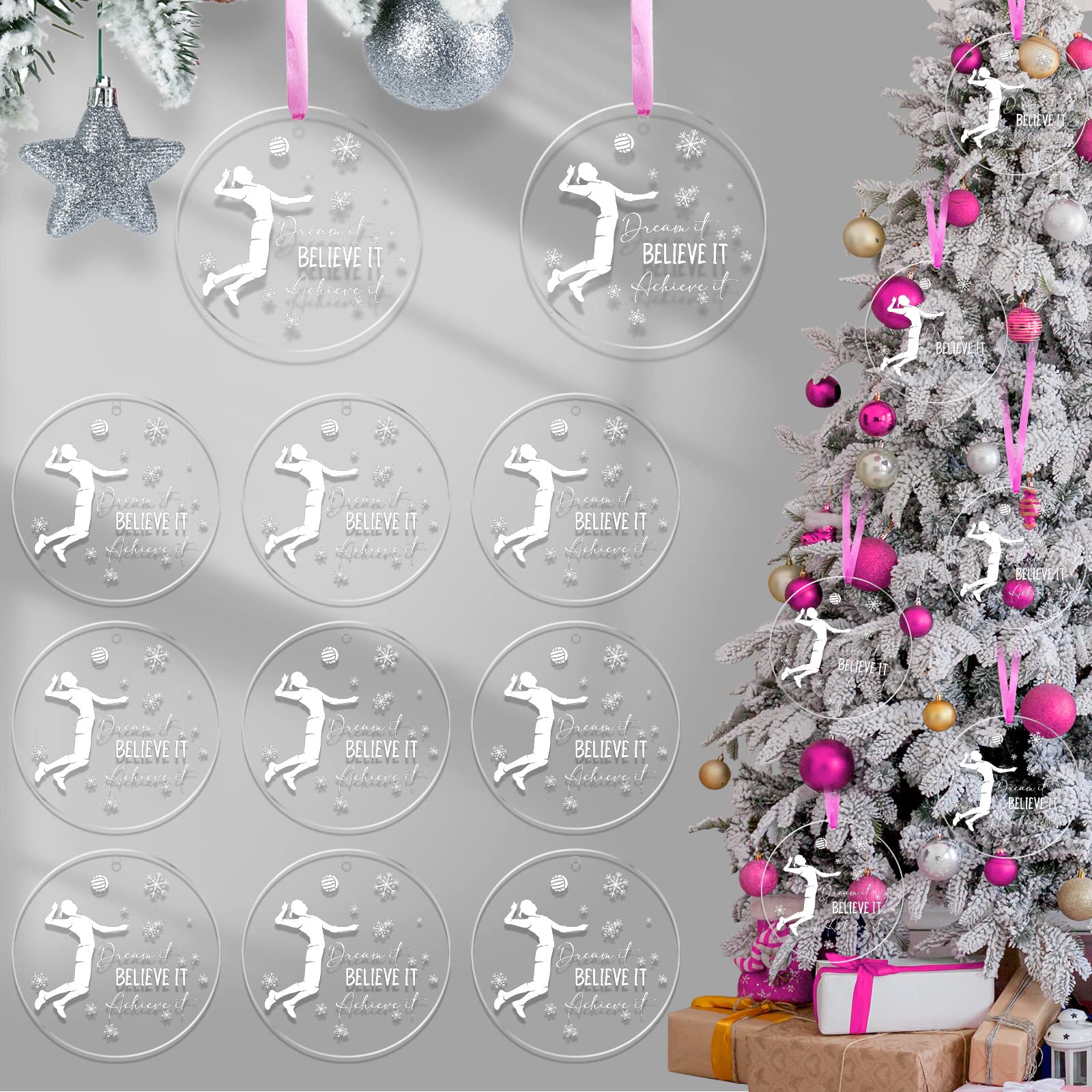 Photo 1 of 18 PCS Christmas Volleyball Ornament Round Acrylic Volleyball Player Ornament Christmas Tree Volleyball Hanging Decoration Believe It Dream It Achieve It Xmas Inspirational Gift (Volleyball Style)