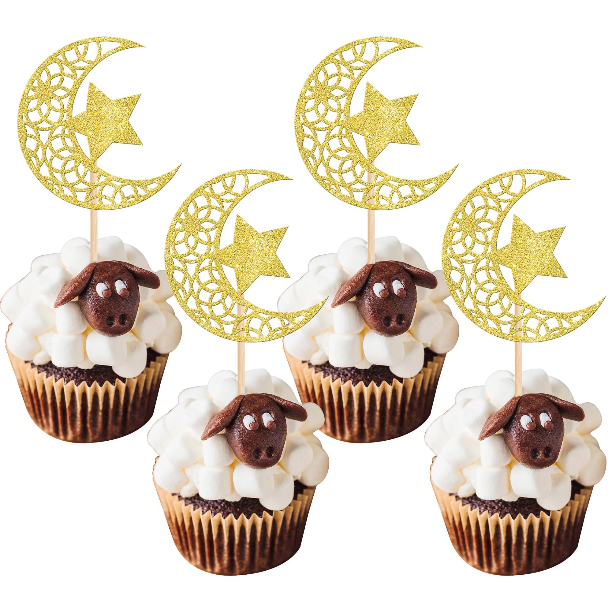 Xsstarmi 24 Pack Gold Moon Star Eid Mubarak Cupcake Toppers for Islamic Eid Mubarak Festival Cake Decorations