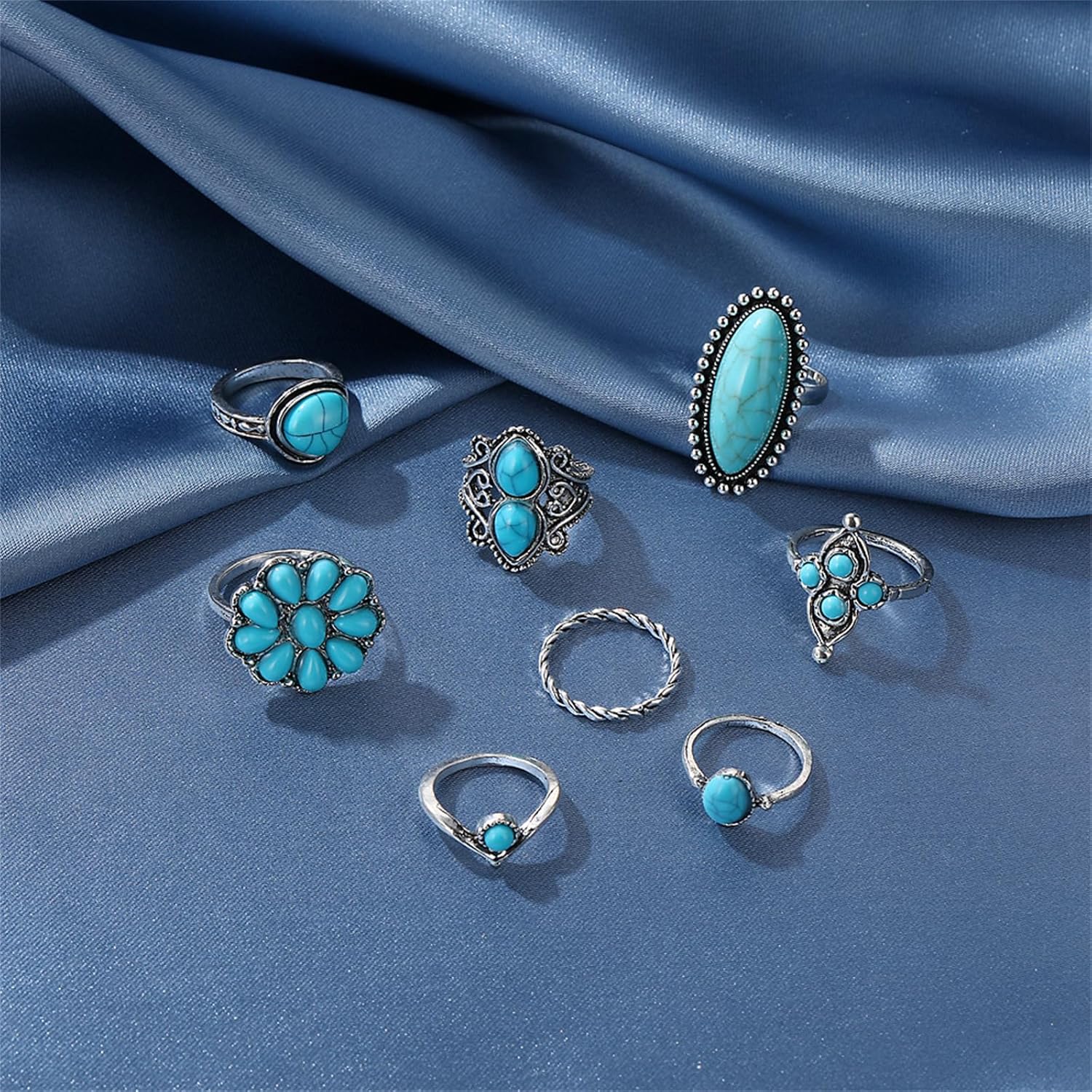 Bohemian Turquoise Ring Set for Women,Vintage Gem Turquoise Opal Joint Knuckle Stackable Rings Chunky Boho Midi Ring Pack Punk Western Ring Mixed Size - Image 4