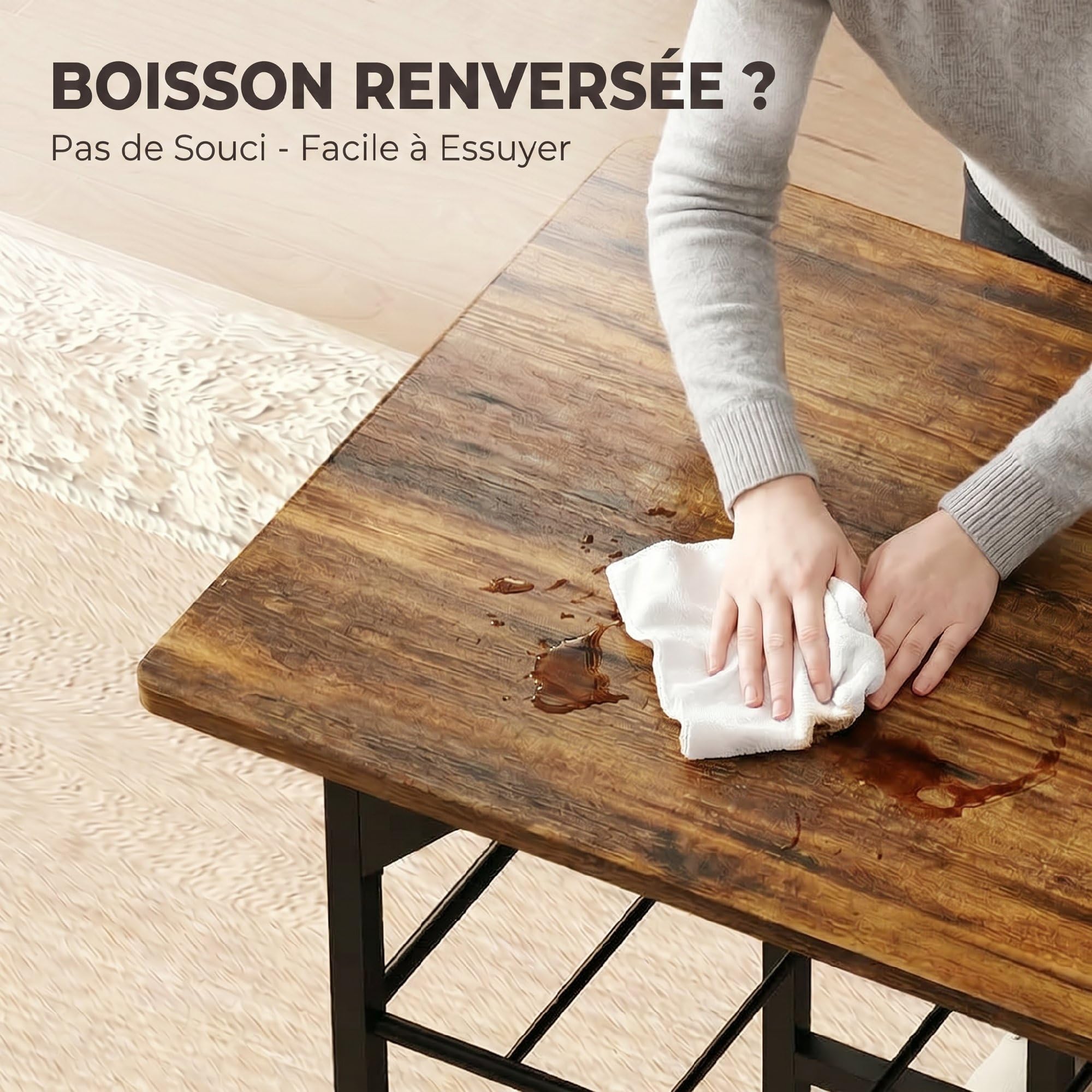 HOMCOM Ensemble Table Salle à Manger avec 2 chaises, Table de Cuisine pour 2 Personnes, étagère de Stockage, Cadre métallique, Style Industriel, idéal pour Espace réduit, Brun Rustique