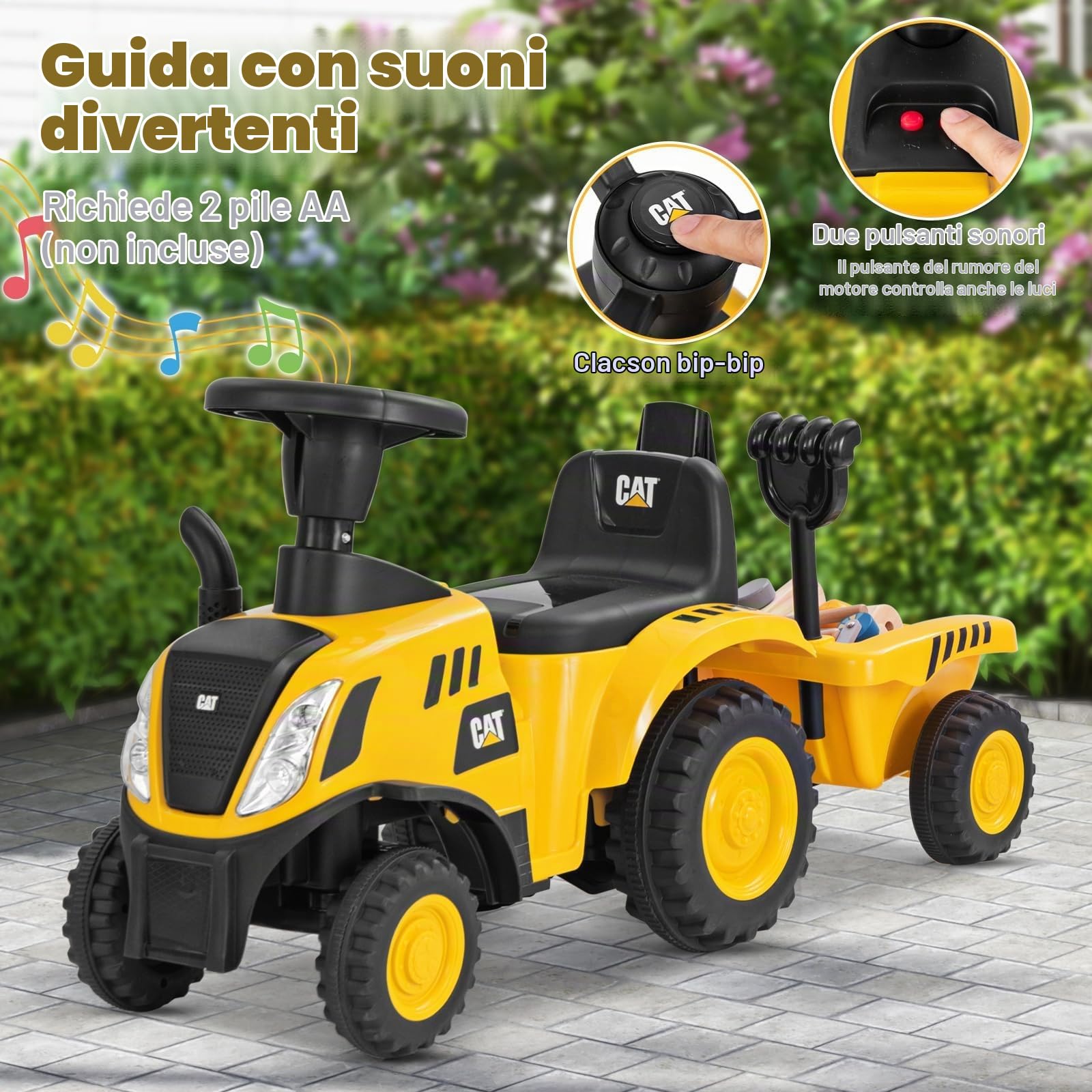 FANTASK Trattore antiscivolo con pala e calcolo rimovibile, auto antiscivolo con rimorchio del clacson, veicolo con suono motore e luci a LED per bambini a partire da 1 anno