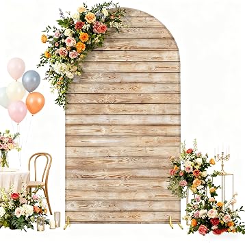 Irisbell Wooden Arch Backdrop Cover 7.2FT Vintage Spandex Fitted Wedding Arch Cover for Round Top Chiara Backdrop Stand Cover for Wedding Birthday Ceremony Party Decorations Wooden, 7.2FT
