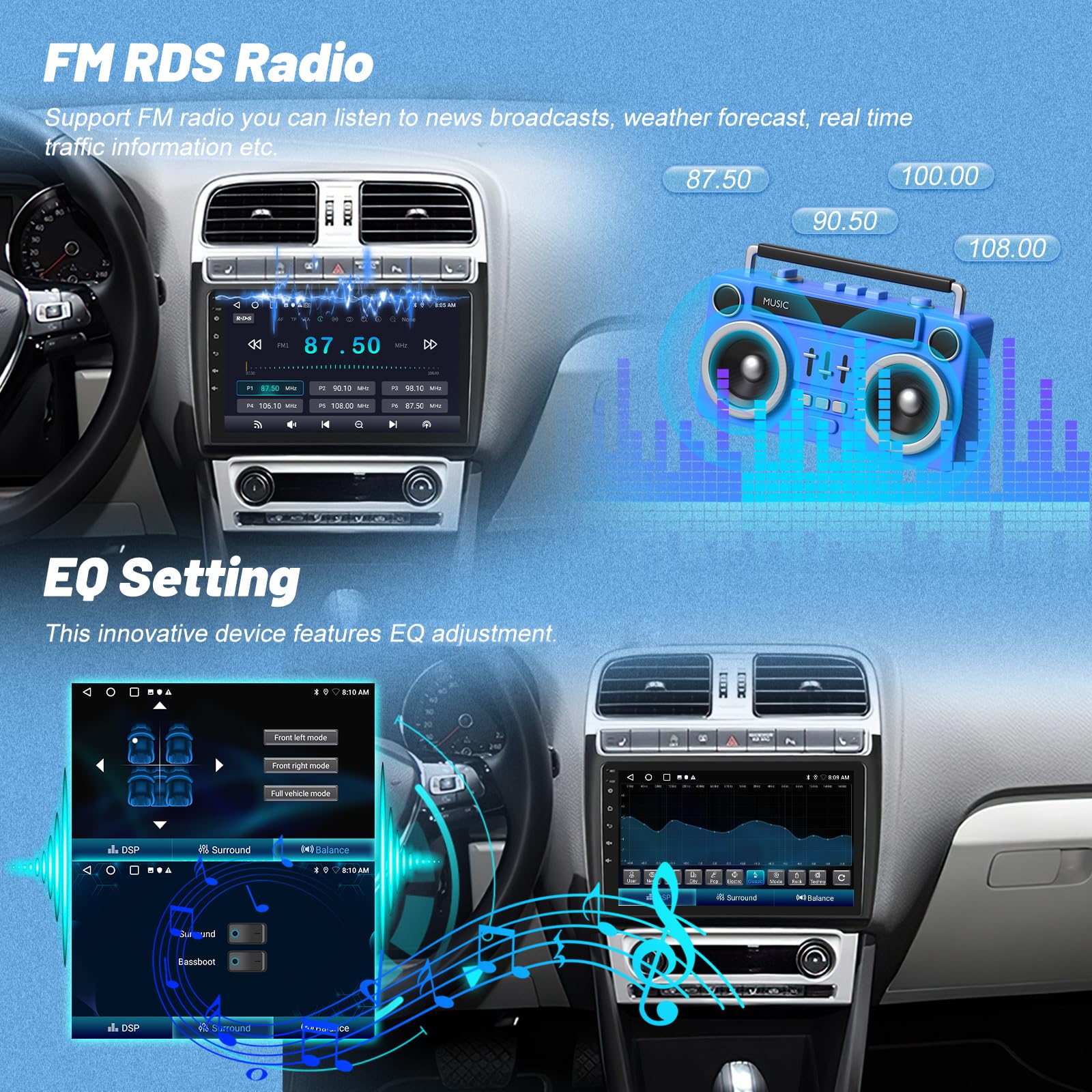 Radio de Coche para VW Volkswagen Polo 2008-2020, [2G+64G] Android Estéreo de Coche con Pantalla Táctil con Carplay Inalámbrico y Android Auto/Bluetooth/WiFi/Bluetooth/EQ/FM RDS Radio