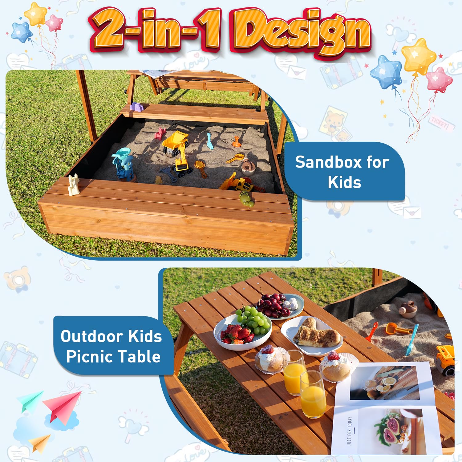 FunXplore Wooden Kids Sandbox with Lid Outdoor Sand Box with Picnic Table Foldable, Sandpit with Cover Ages 4-8, Adjustable Canopy Bottom Liner for Backyard Garden