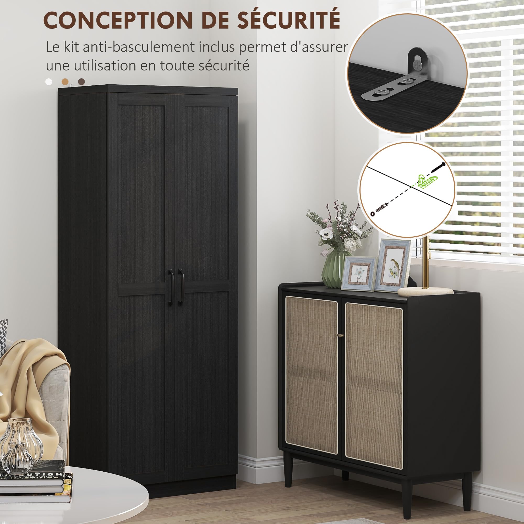 HOMCOM Buffet Cuisine Meuble de Rangement Cuisine 60 x 40 x 160 cm Noir | Vaisselier Moderne, Double Porte, 2 Étagères Réglables, Salle à Manger, Salon