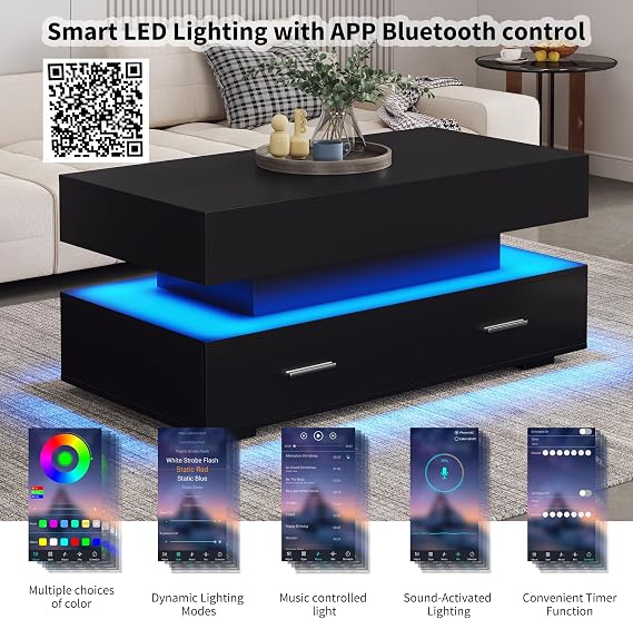 Lift Top Coffee Table with 2 Drawers Storage, Large Coffee Table Tea Table, Centre Table for Living Room Home Office Furniture with Smart APP Control Led Light, 100 * 50 * 44cm (Black)