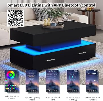 Lift Top Coffee Table with 2 Drawers Storage, Large Coffee Table Tea Table, Centre Table for Living Room Home Office Furniture with Smart APP Control Led Light, 100 * 50 * 44cm (Black)
