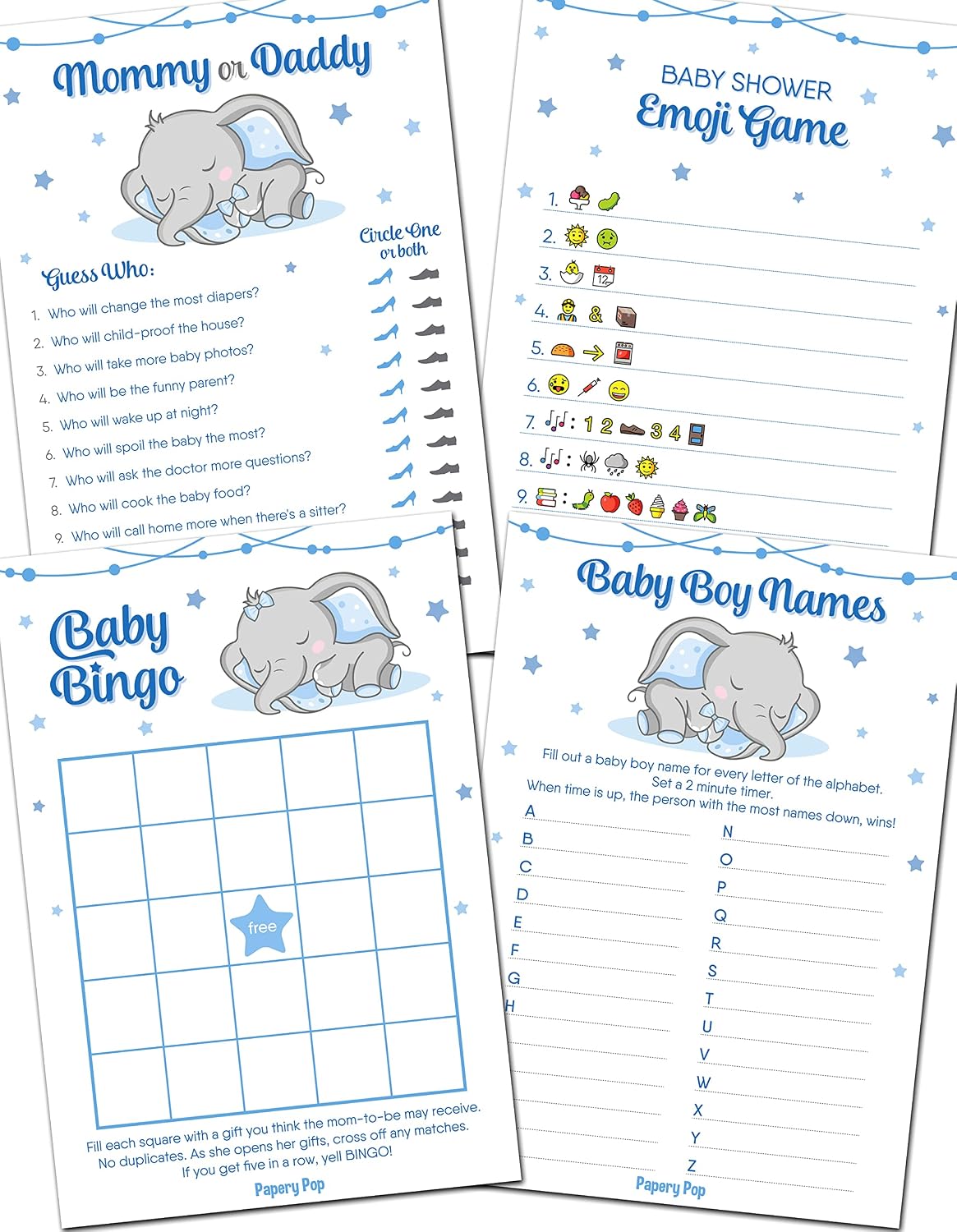 Baby Shower Games for Boy - Set of 4 Games for 30 Guests - Double Sided  Cards - Baby Shower Supplies - Elephant Theme, Party Games & Activities -  Amazon Canada