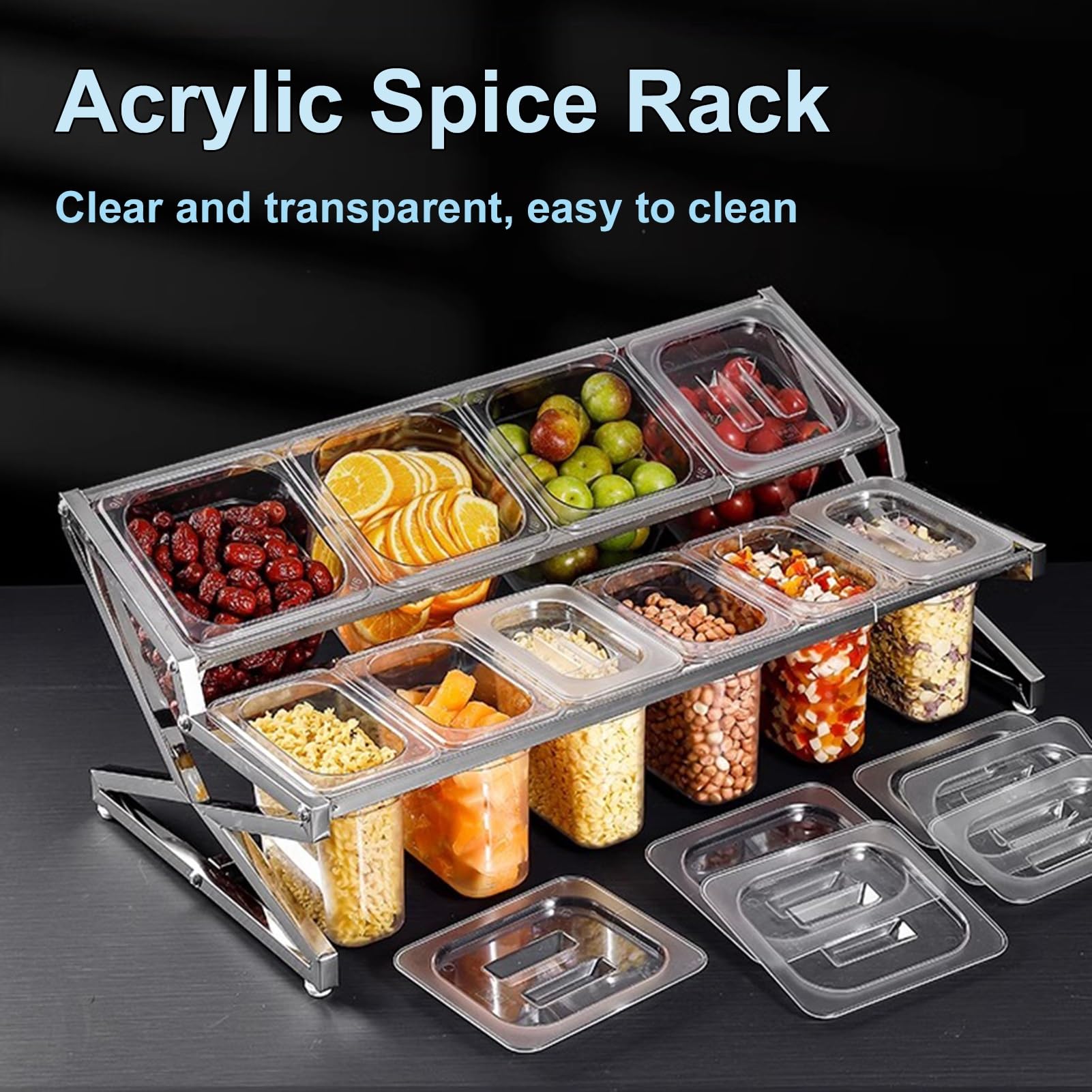 Estante expandible de acero inoxidable 304 con cucharas para ensalada de salsa, estante de especias acrílico transparente de 2 niveles, dispensador de hielo para guarnición de bar (plata/B