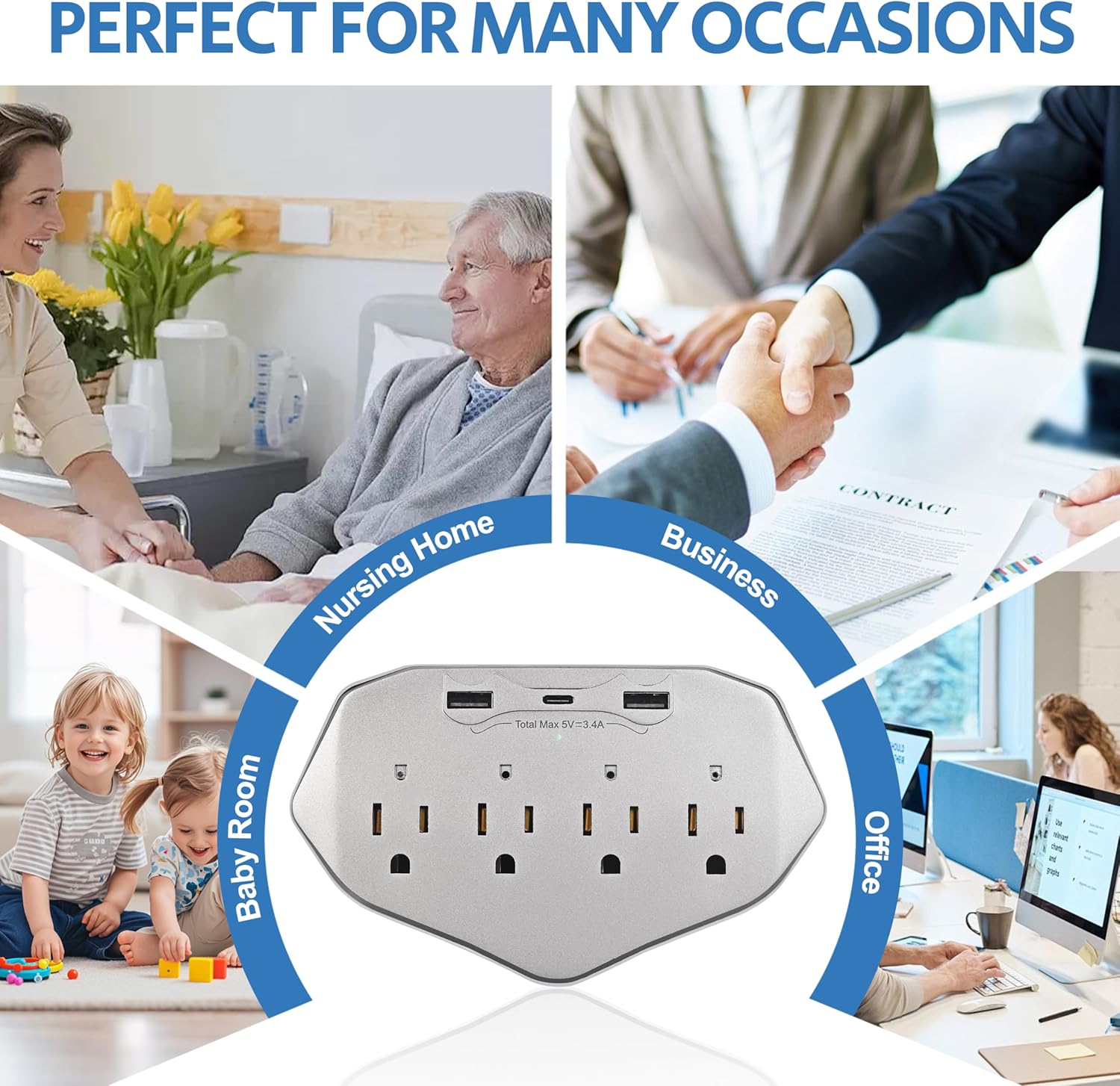 Wall Outlet Indoor Security Camera with 45W Fast Charger, 4-in-1 Power Outlet Camera with USB-A & USB-C, 1080P HD, Night Vision, WiFi Remote View