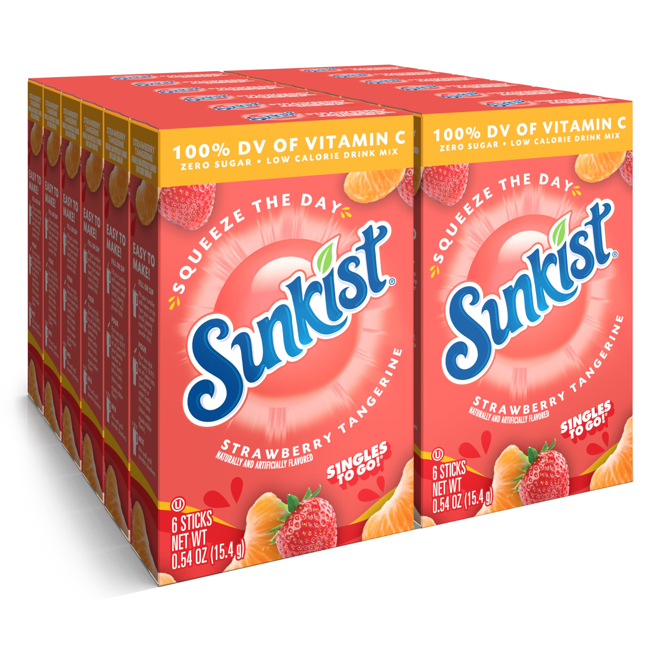 Sunkist Singles to go Drink Mix Packets, Strawberry Tangerine, 6-Count Box – Powdered Drink Packets with Vitamin C, 72 Total Powder Sticks