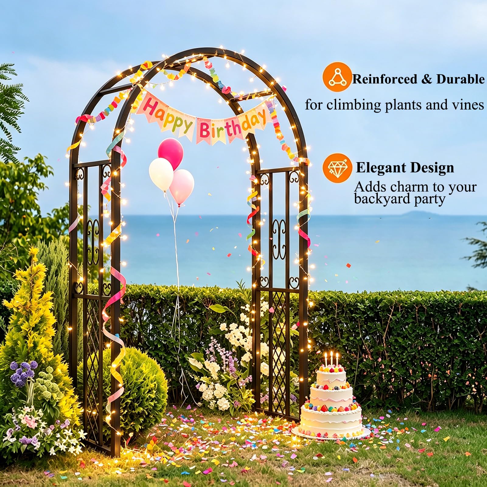 Arche de Jardin Métallique 220x230cm, Support pour Plantes Grimpantes, Arche Autoportante Résistante aux Intempéries, Socle Amovible et Piquets de Fixation, Déco Jardin Terrasse Mariage (Noir)