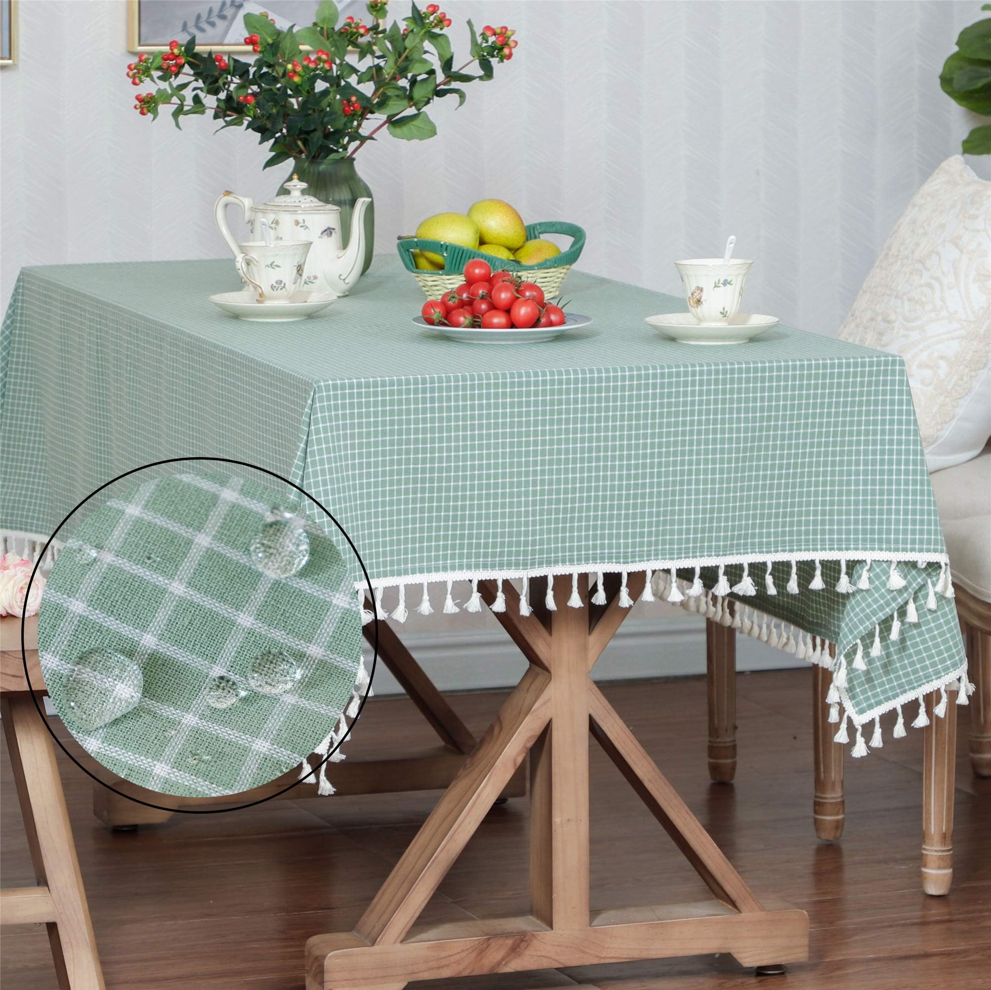 LUCKYHOUSEHOME Green and White Checkered Tassel Tablecloth Waterproof Rural Small Home Kitchen Dinning Tabletop Table Cover 39 x 55 Inch