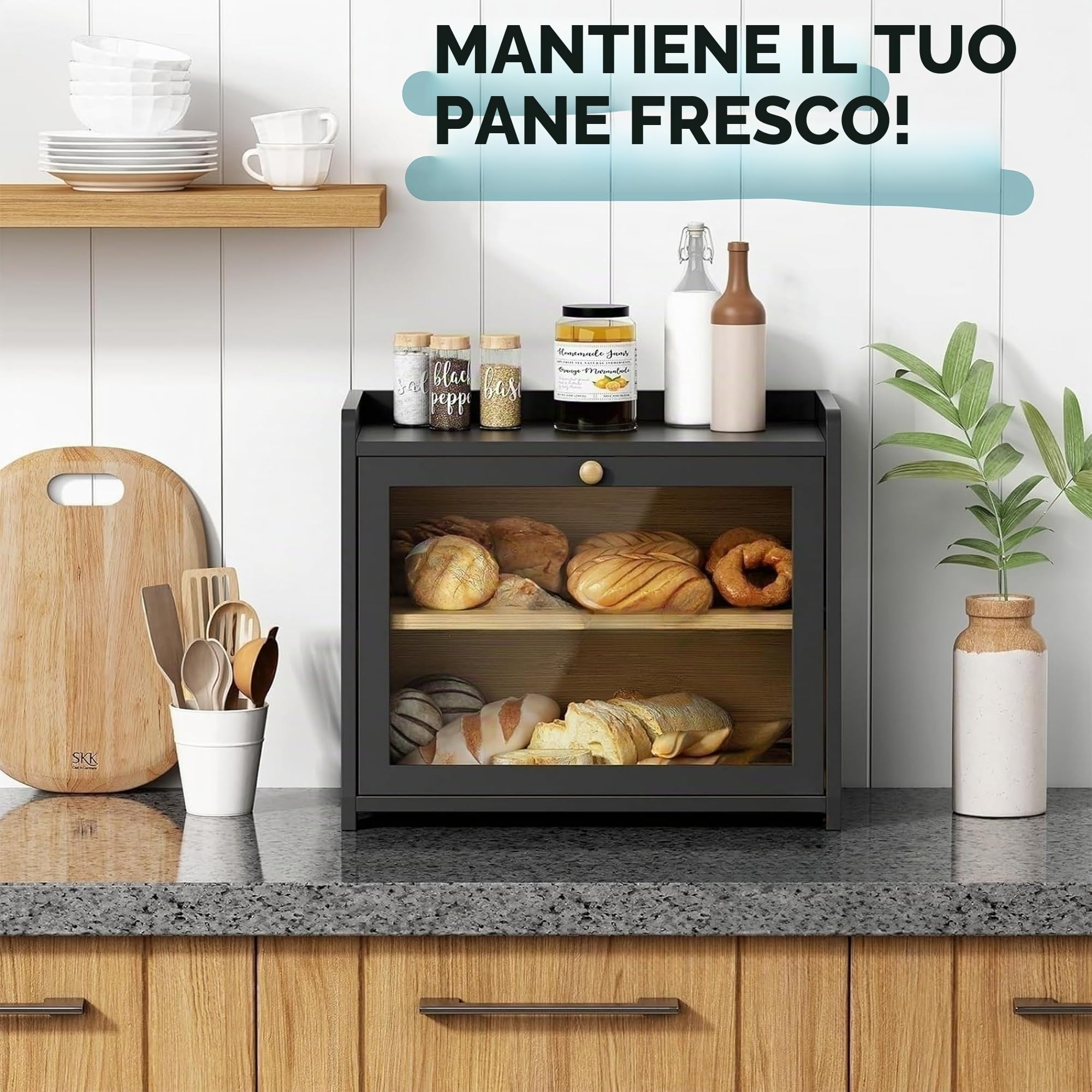Cookery Portapane in legno con 2 ripiani per la conservazione del pane in bambù, grande scatola per il pane, contenitore per il pane a 2 livelli (nero)