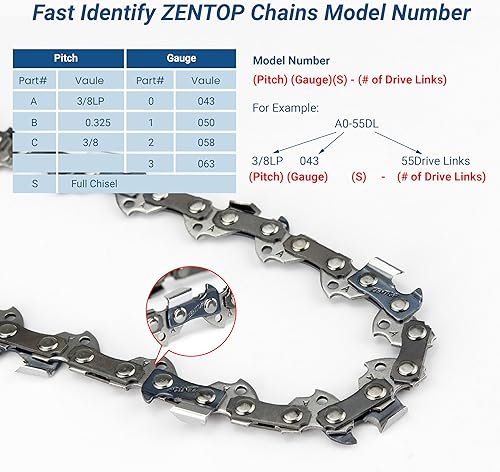 Miniatura 6 de Zentop Cadena de motosierra de 14 pulgadas, paquete de 3, paso LP de 38 pulgadas, calibre de 043 pulgadas, 52 eslabones de transmisión, A0-52DL, se